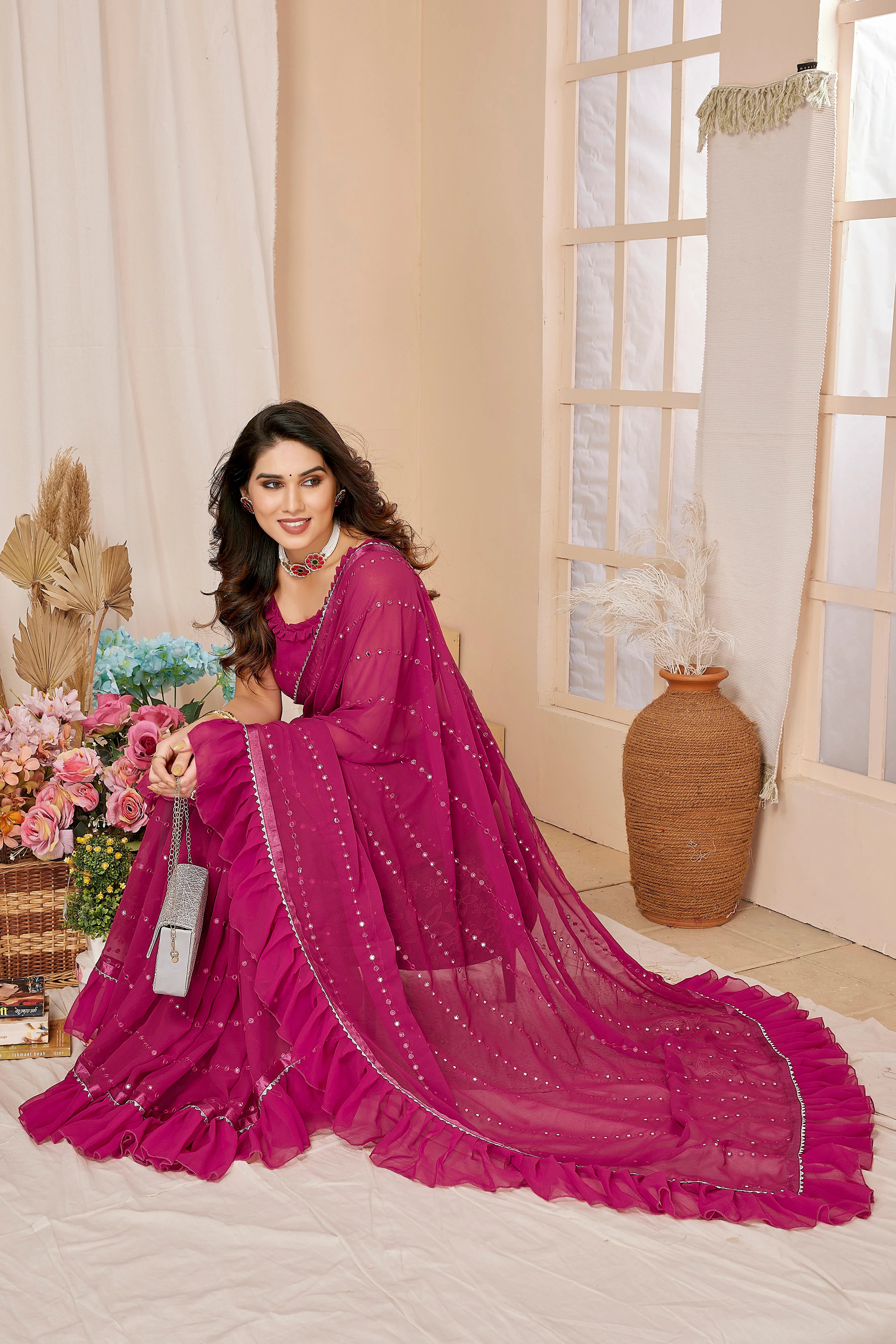 SHYAMIKA Georgette Mirror Work Ruffle Saree with Blouse