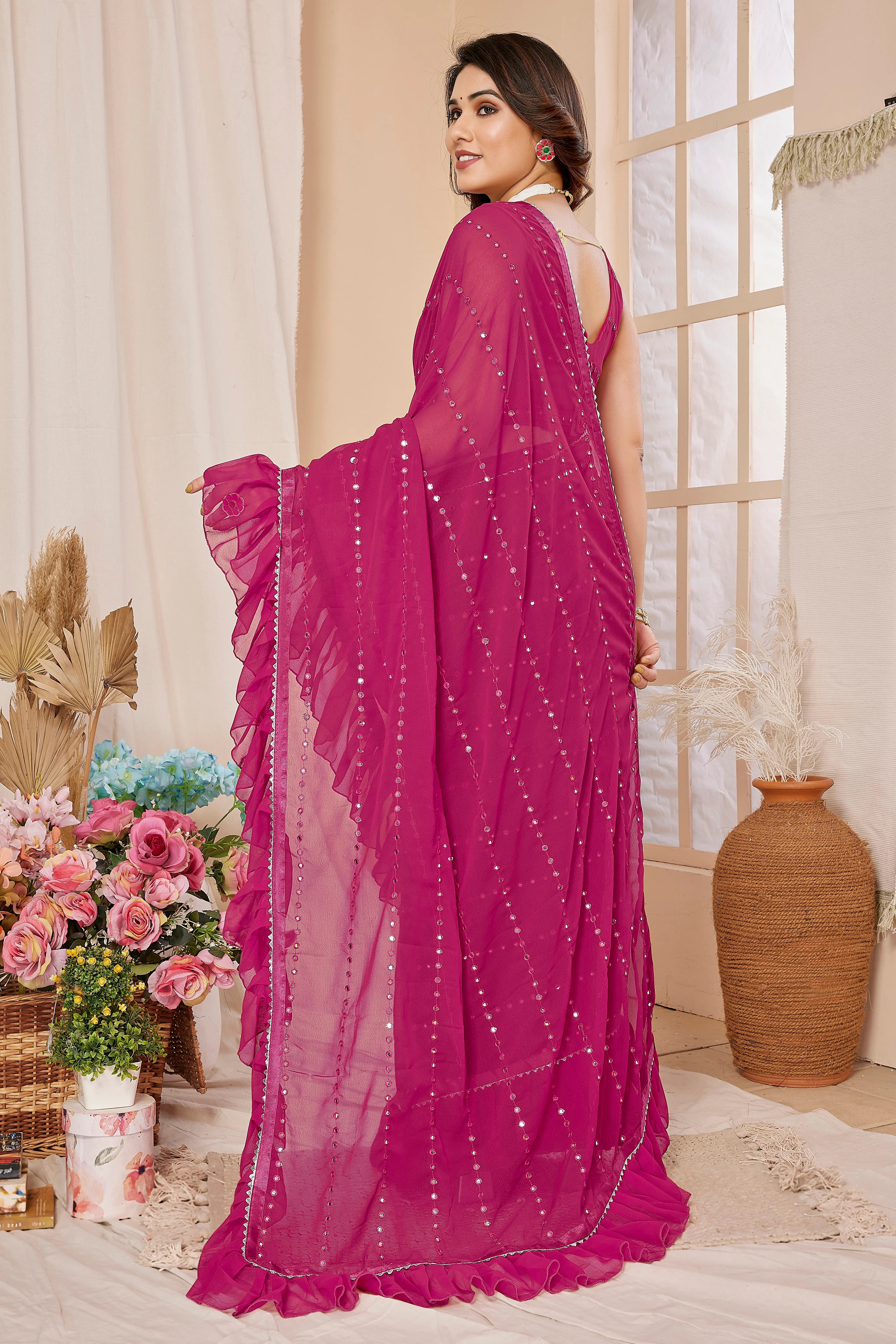 SHYAMIKA Georgette Mirror Work Ruffle Saree with Blouse