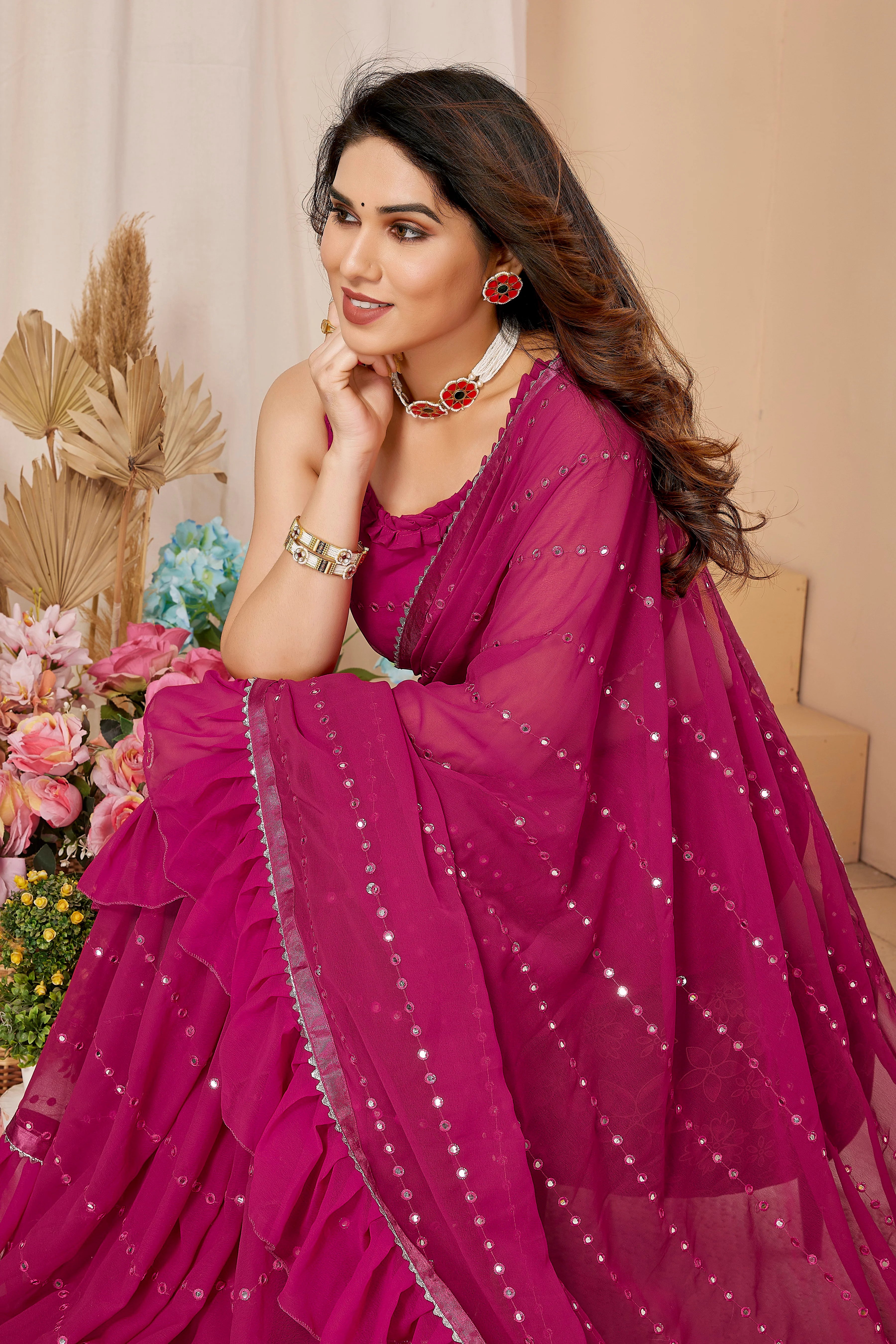 SHYAMIKA Georgette Mirror Work Ruffle Saree with Blouse