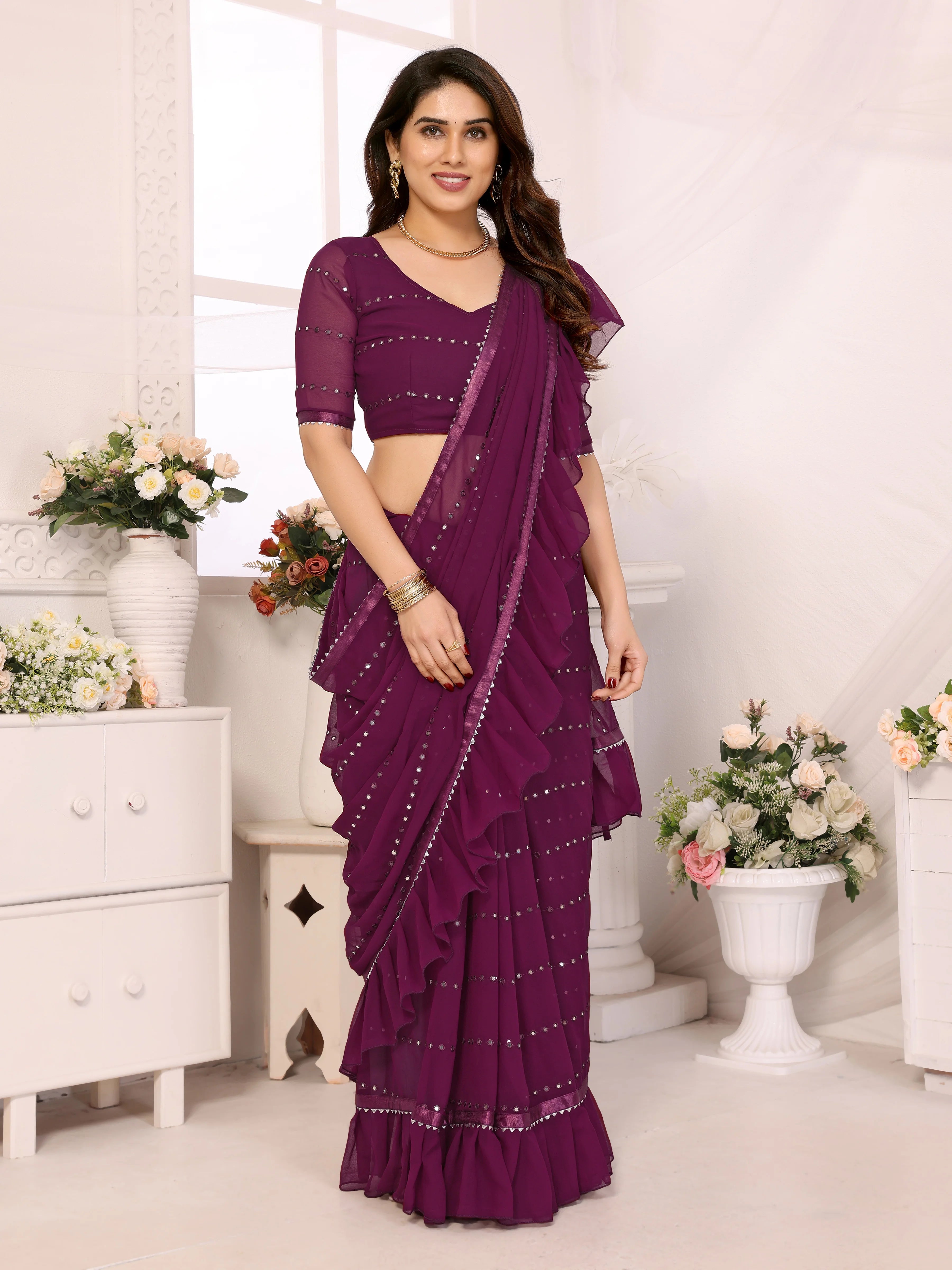 SHYAMIKA Georgette Mirror Work Ruffle Saree with Blouse