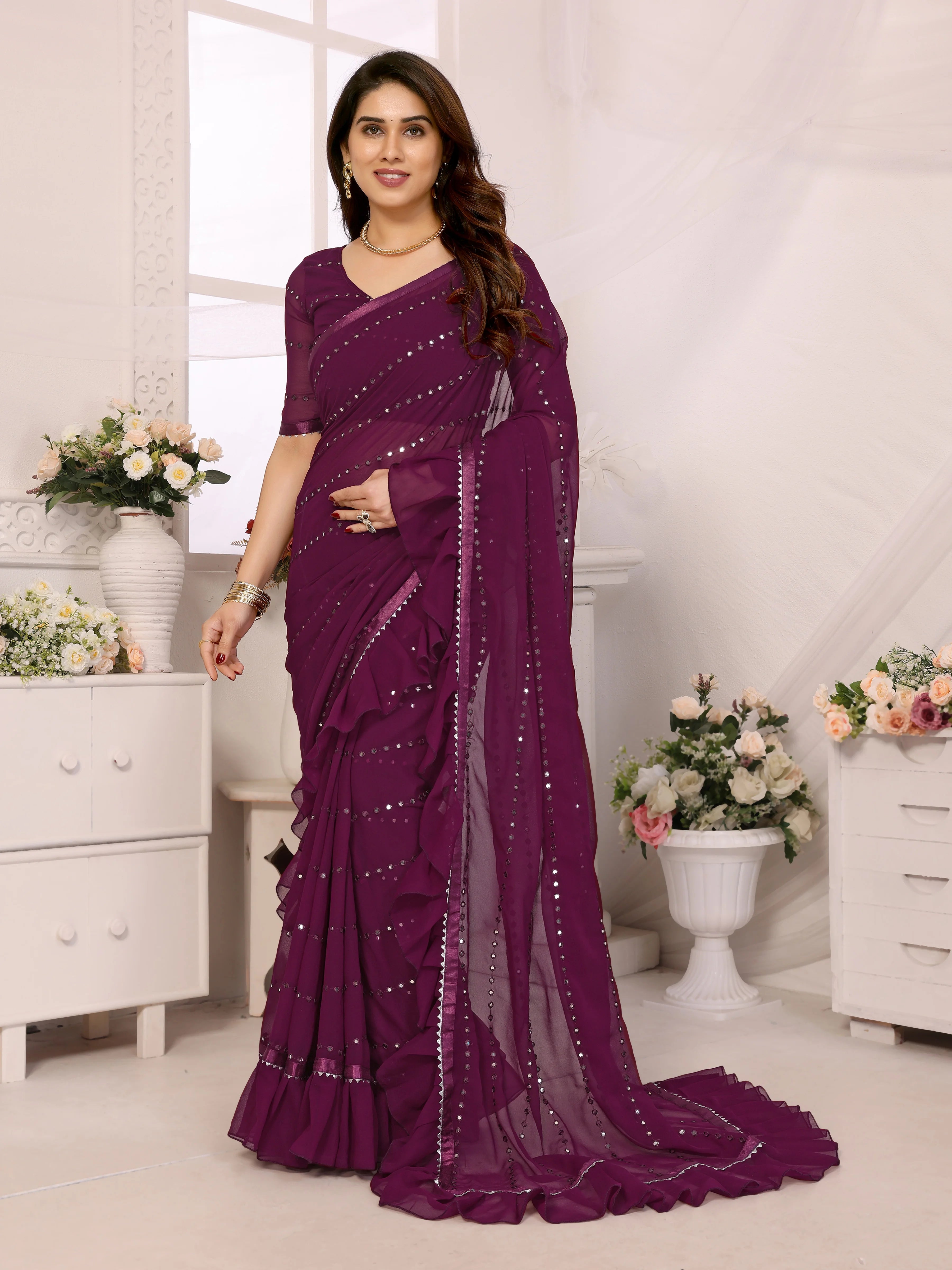 SHYAMIKA Georgette Mirror Work Ruffle Saree with Blouse