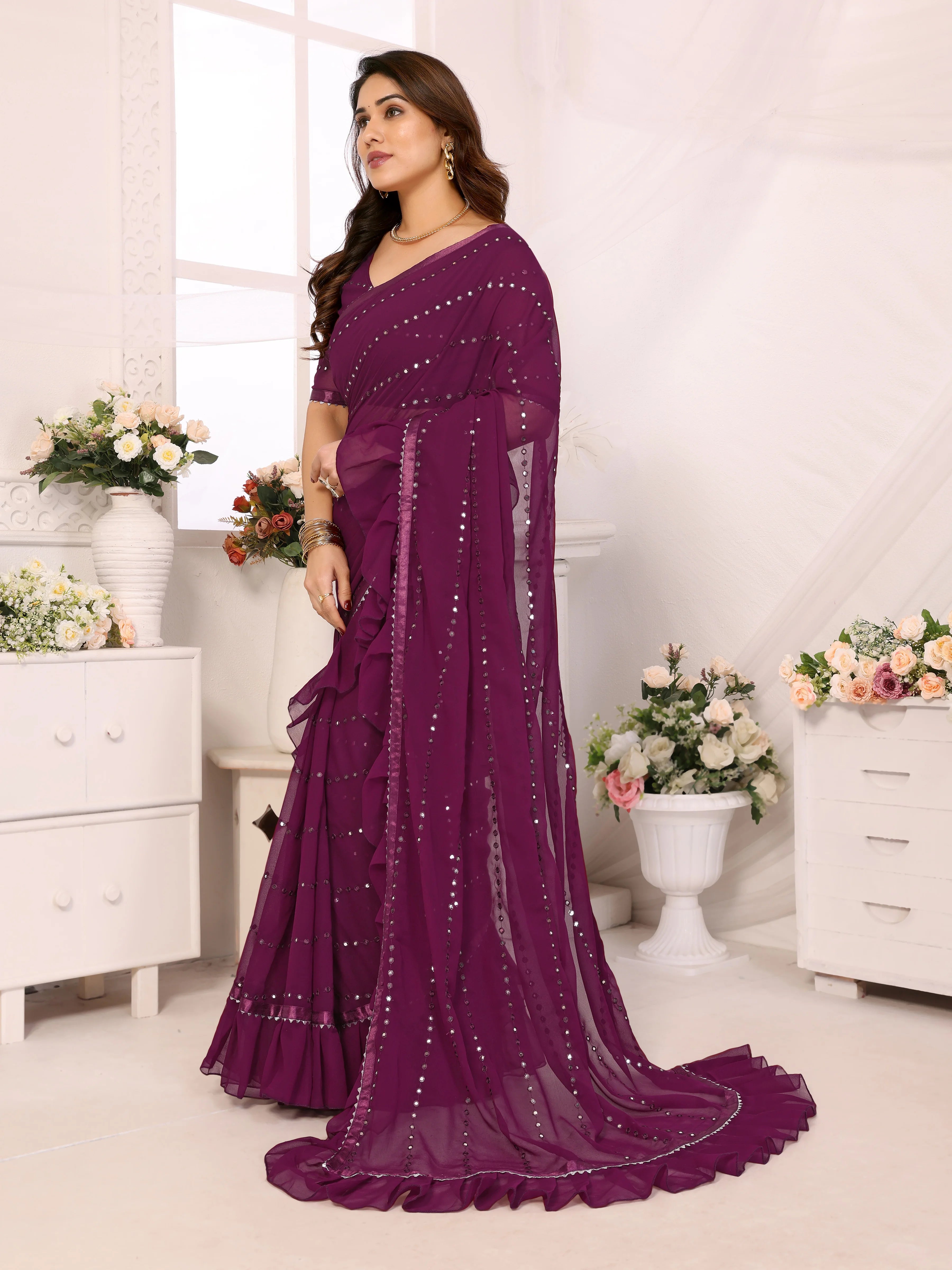 SHYAMIKA Georgette Mirror Work Ruffle Saree with Blouse