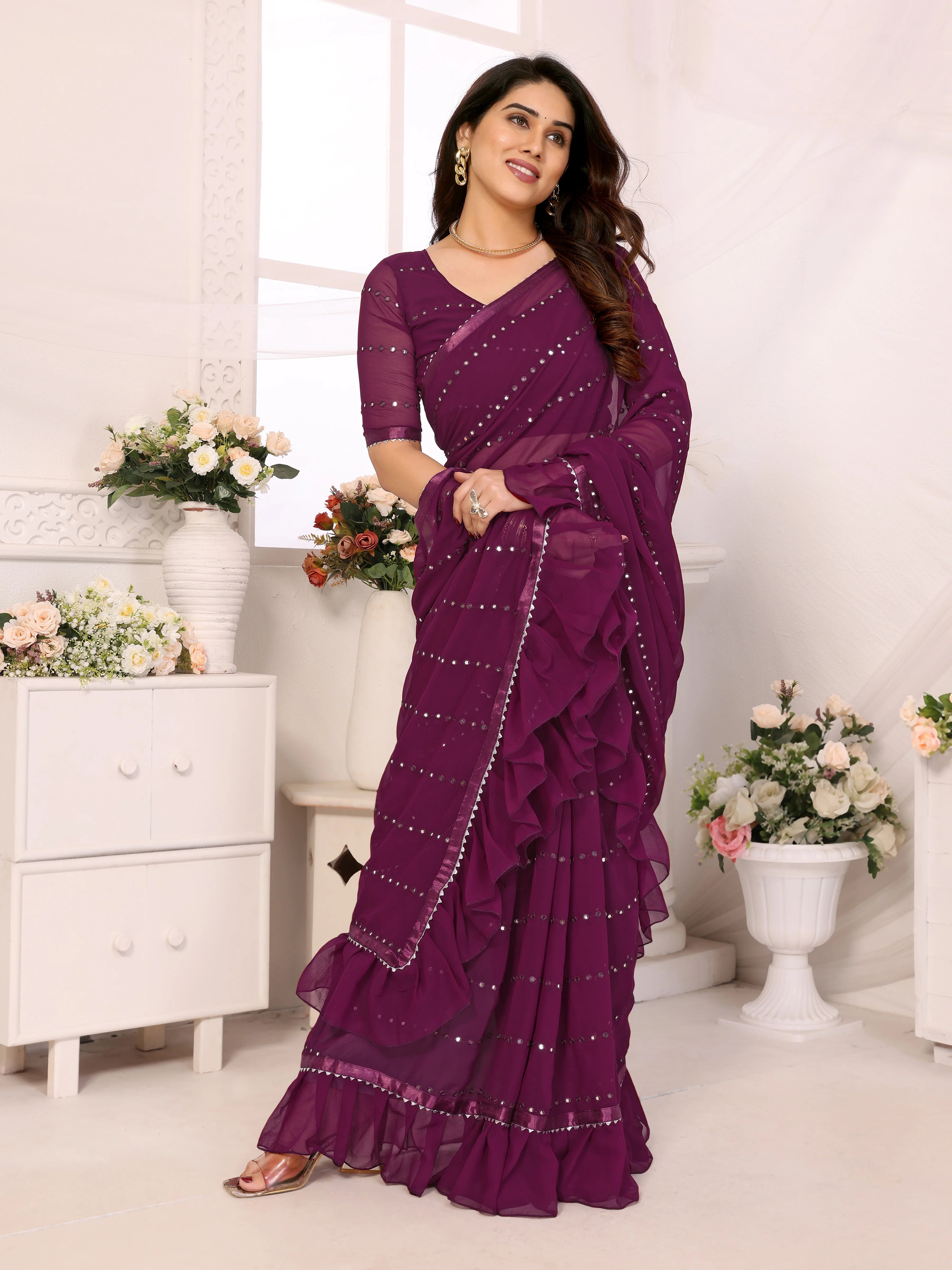 SHYAMIKA Georgette Mirror Work Ruffle Saree with Blouse