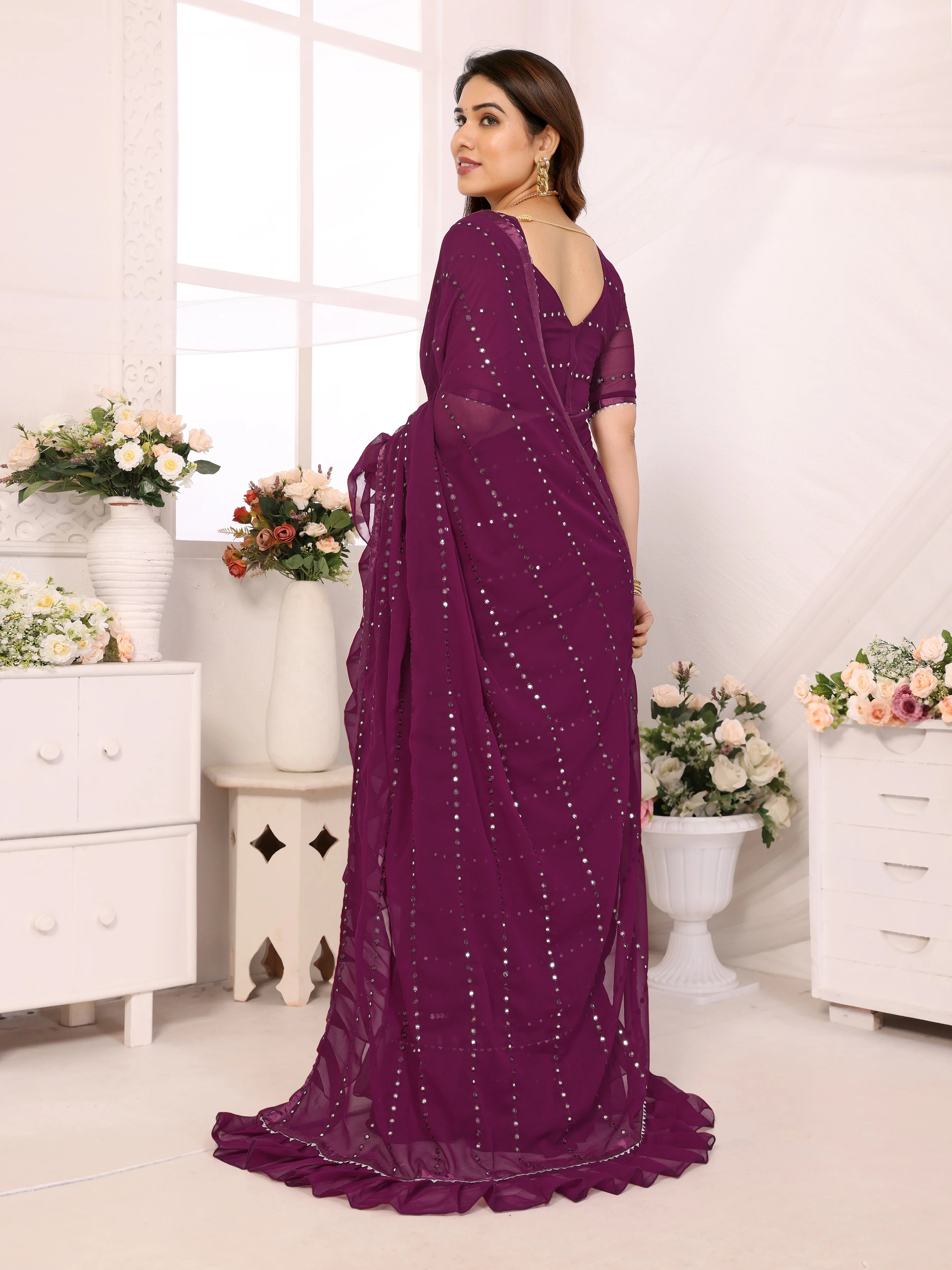 SHYAMIKA Georgette Mirror Work Ruffle Saree with Blouse