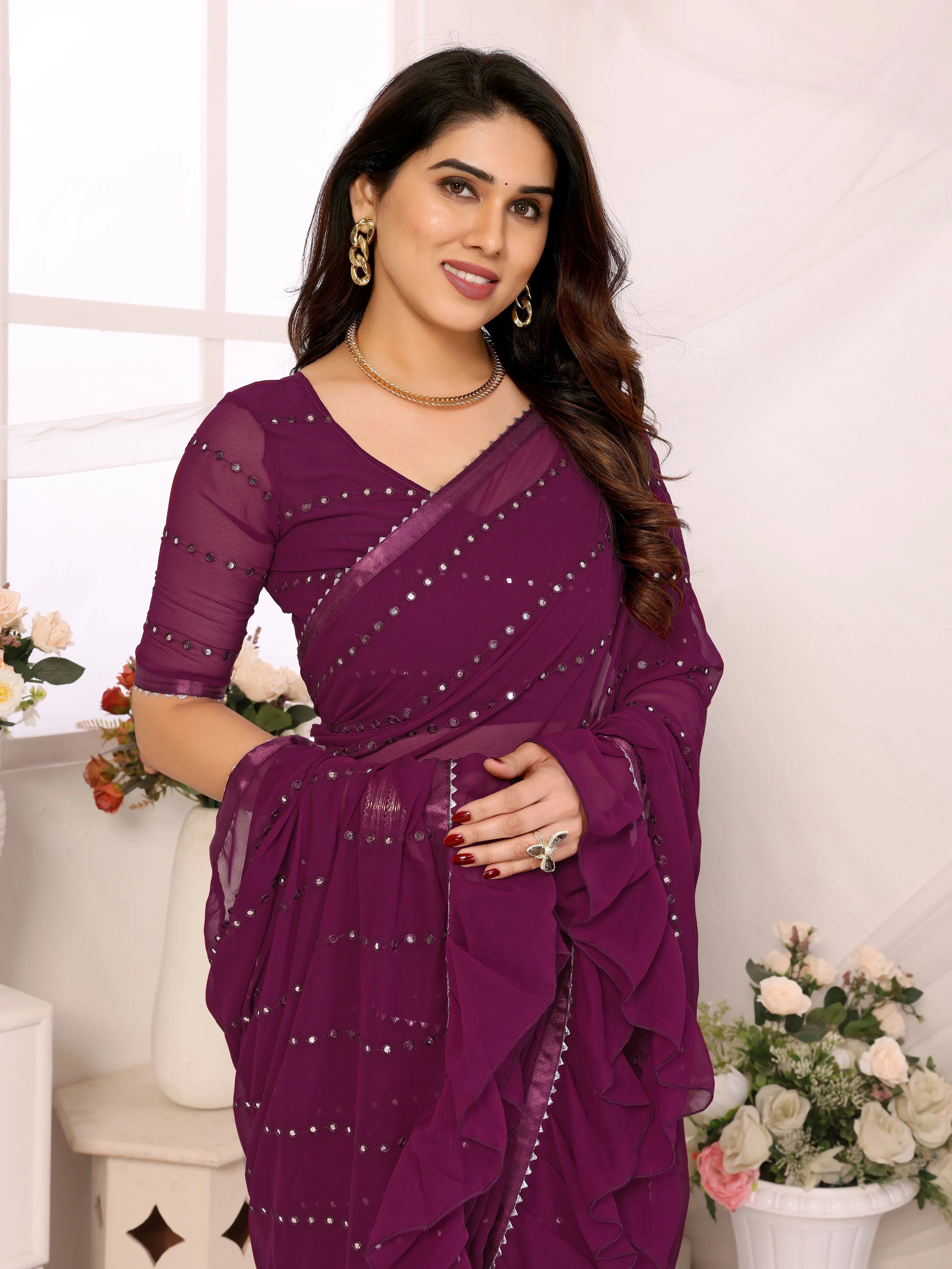 SHYAMIKA Georgette Mirror Work Ruffle Saree with Blouse