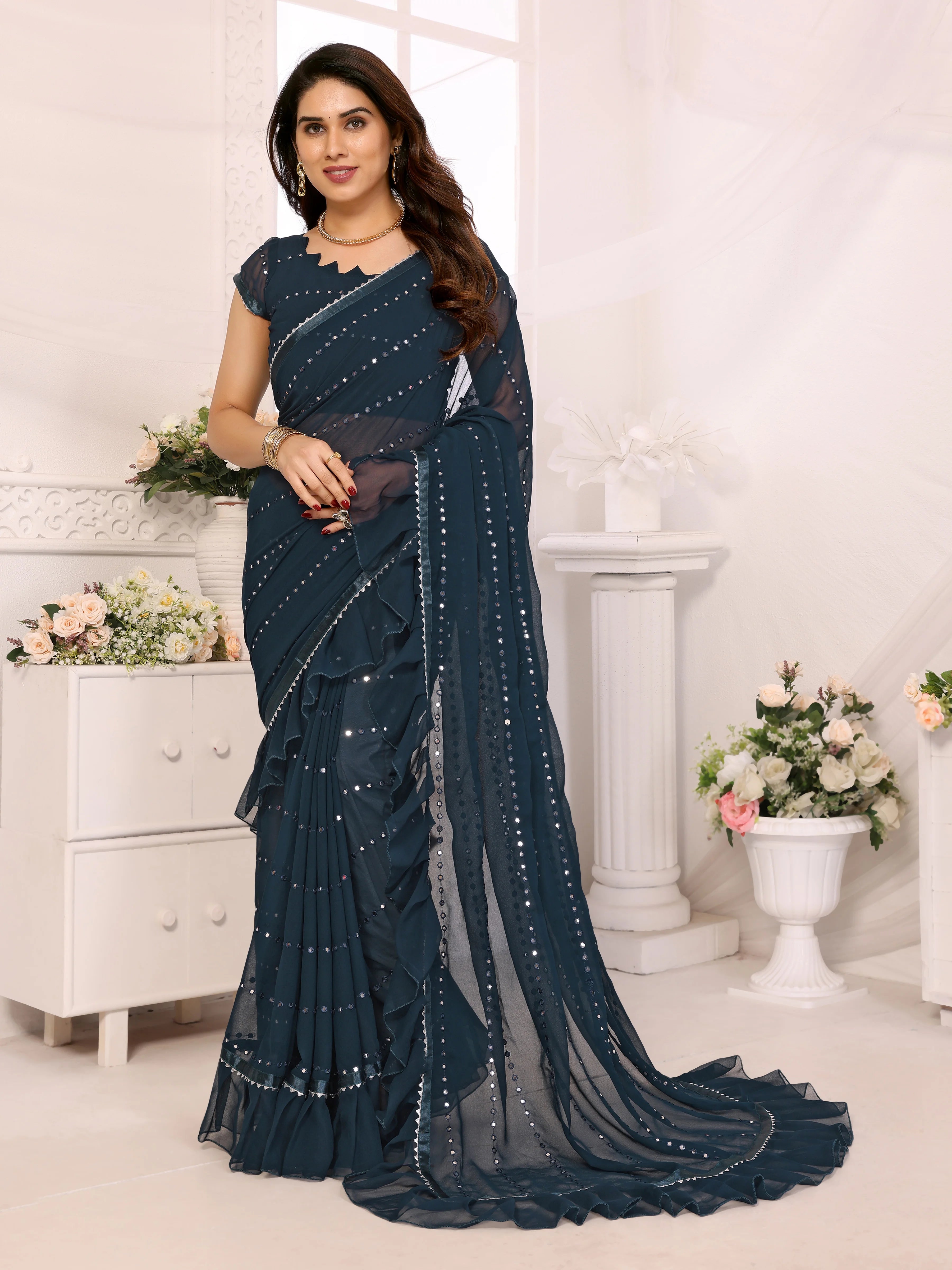 SHYAMIKA Georgette Mirror Work Ruffle Saree with Blouse