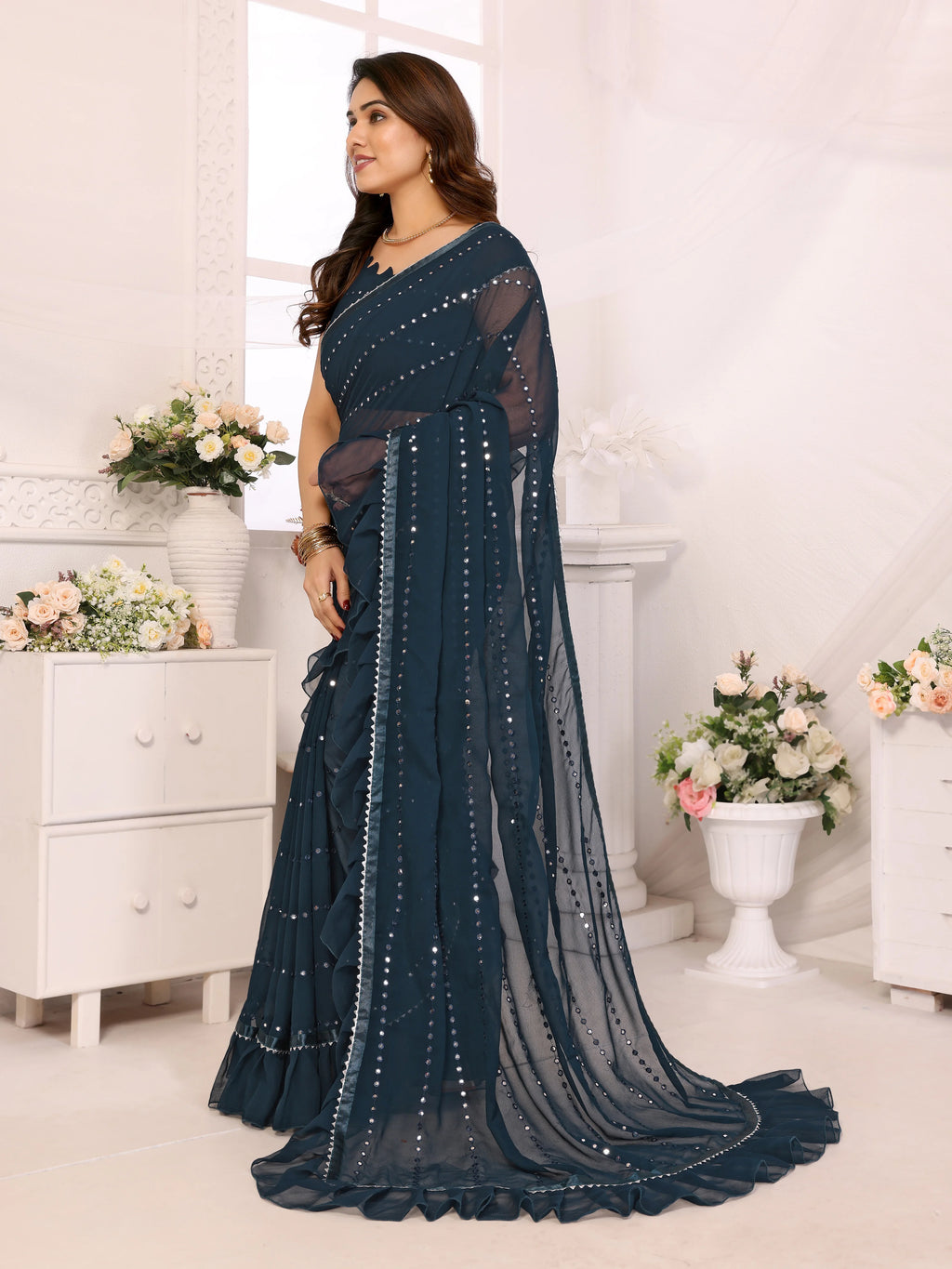 SHYAMIKA Georgette Mirror Work Ruffle Saree with Blouse