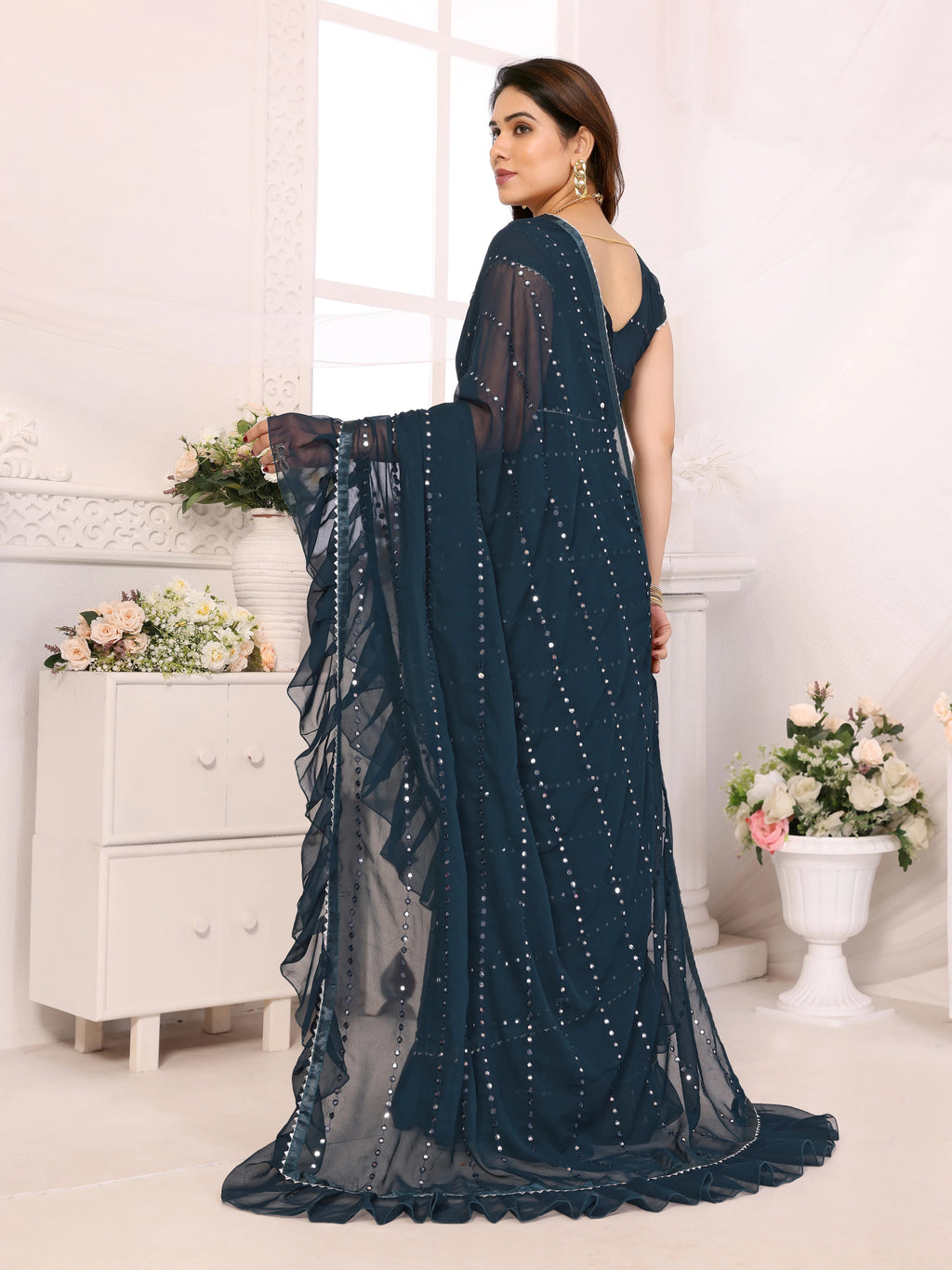 SHYAMIKA Georgette Mirror Work Ruffle Saree with Blouse