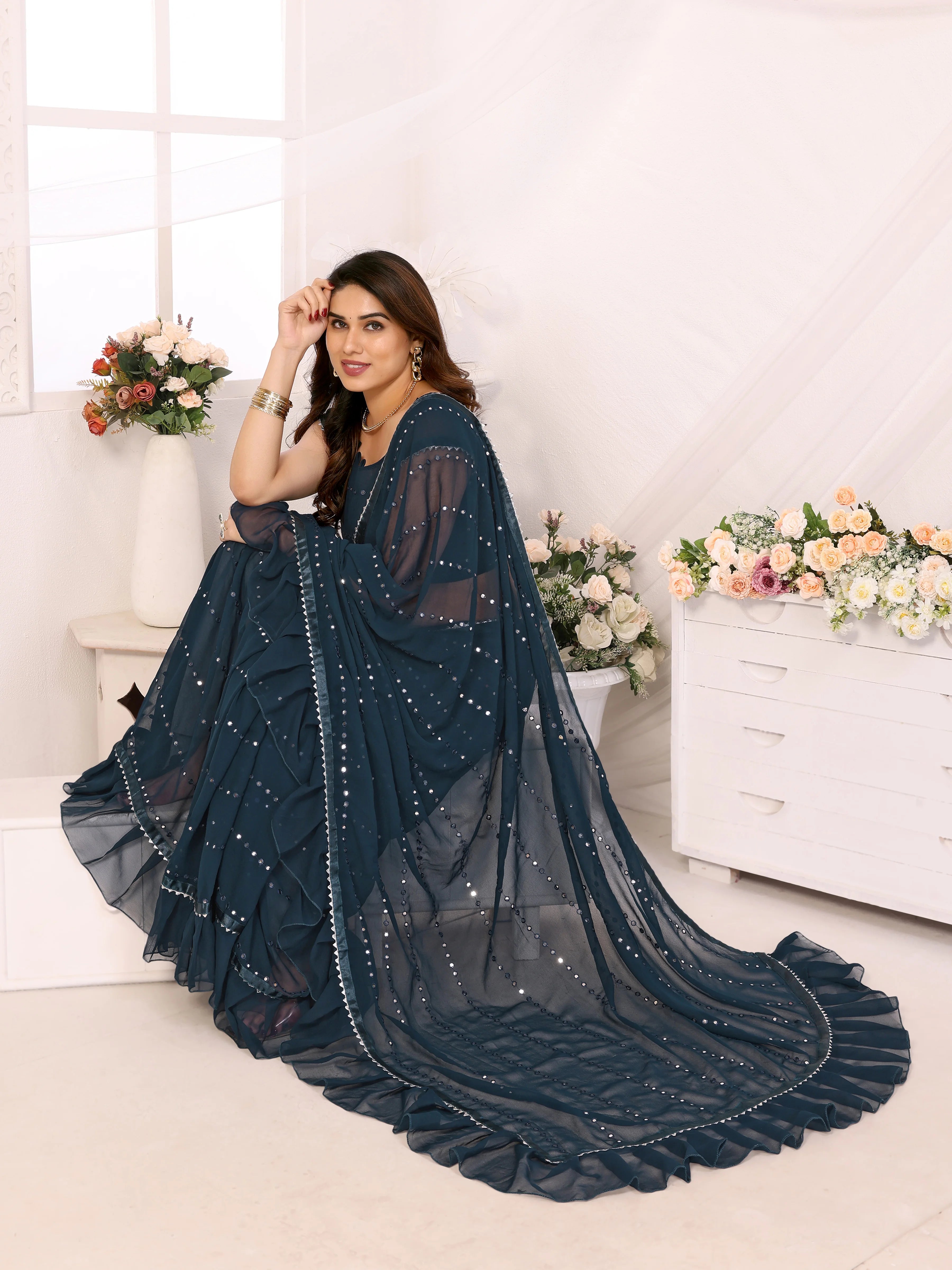 SHYAMIKA Georgette Mirror Work Ruffle Saree with Blouse
