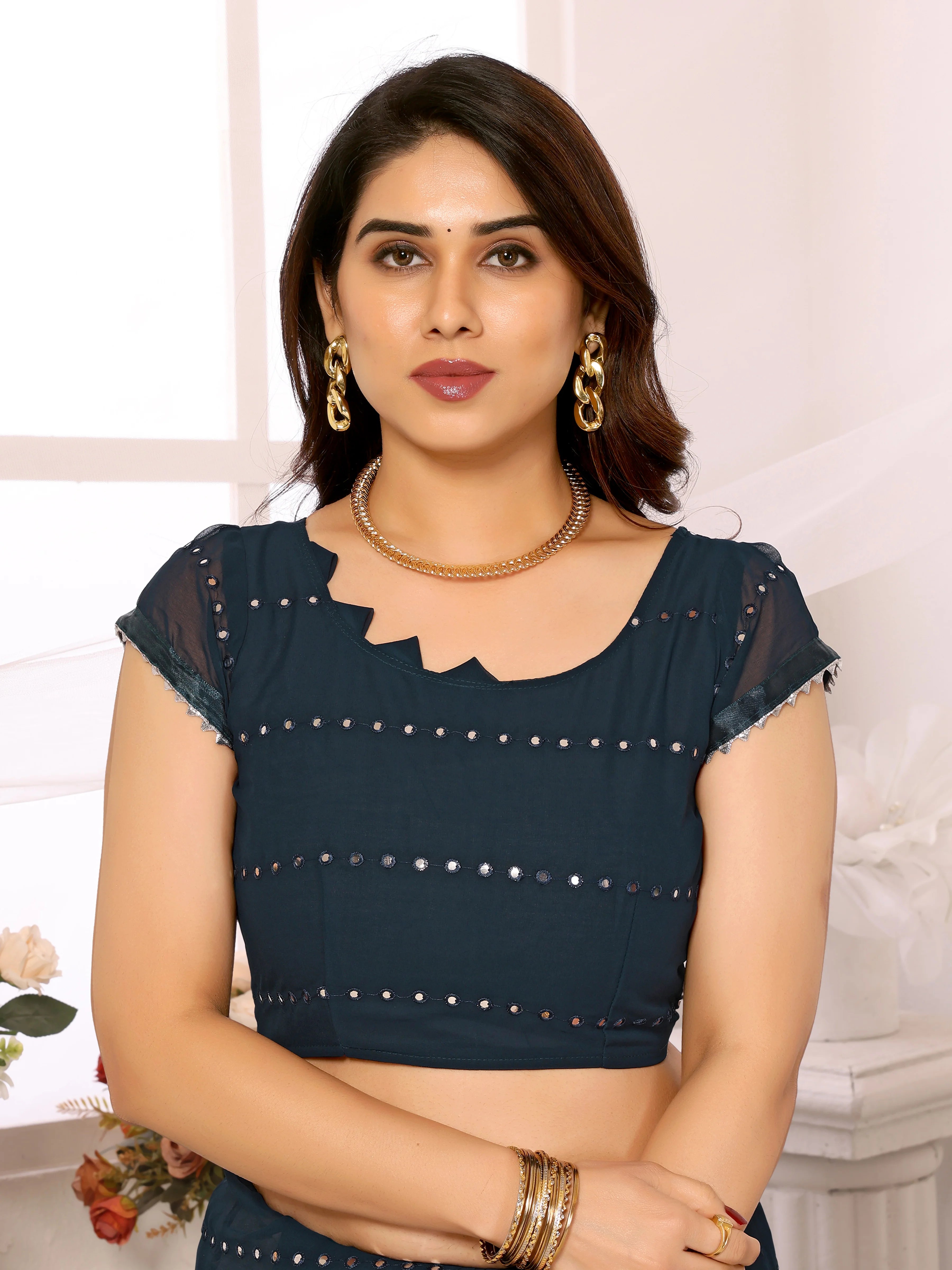 SHYAMIKA Georgette Mirror Work Ruffle Saree with Blouse