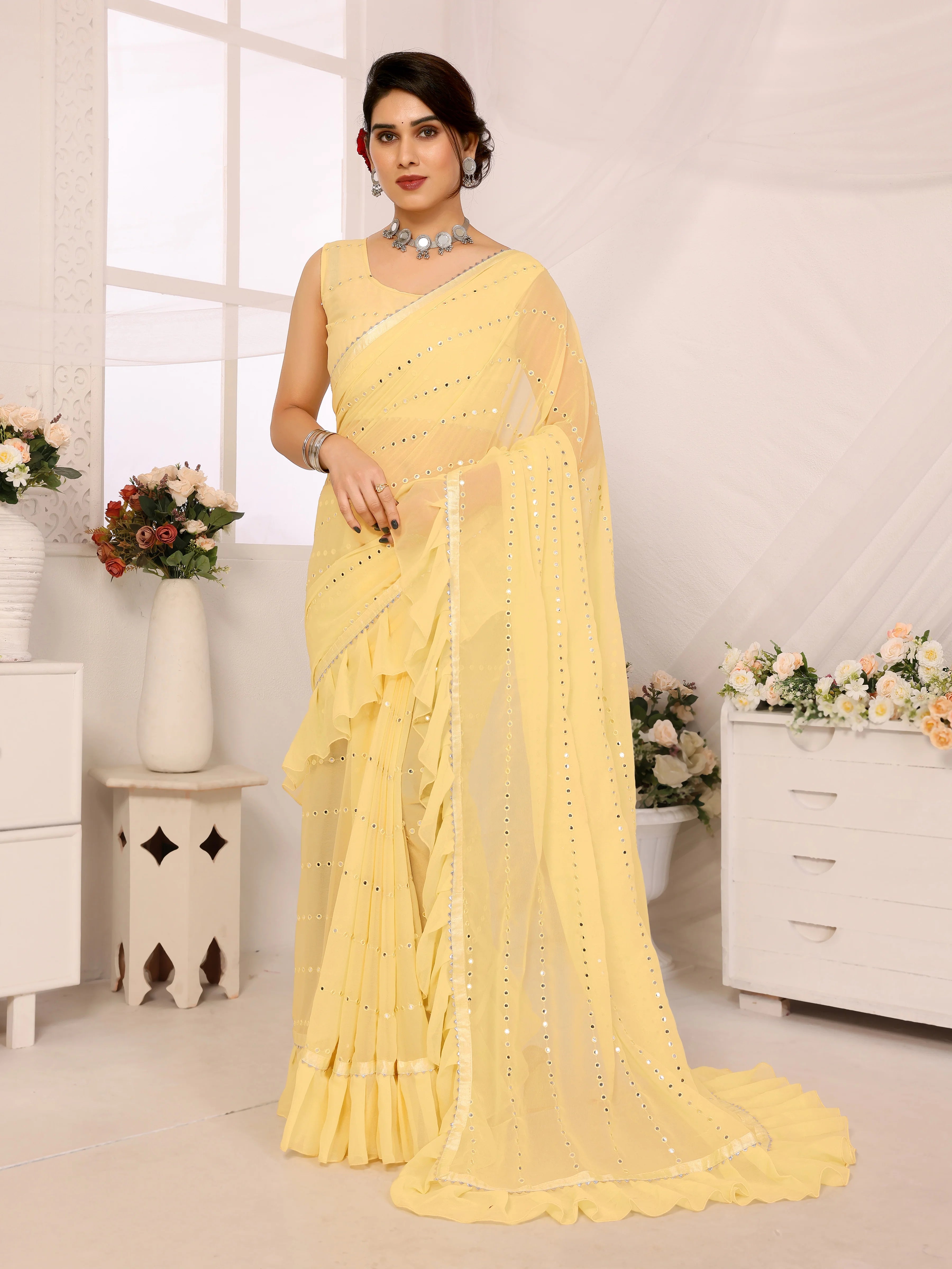 SHYAMIKA Georgette Mirror Work Ruffle Saree with Blouse