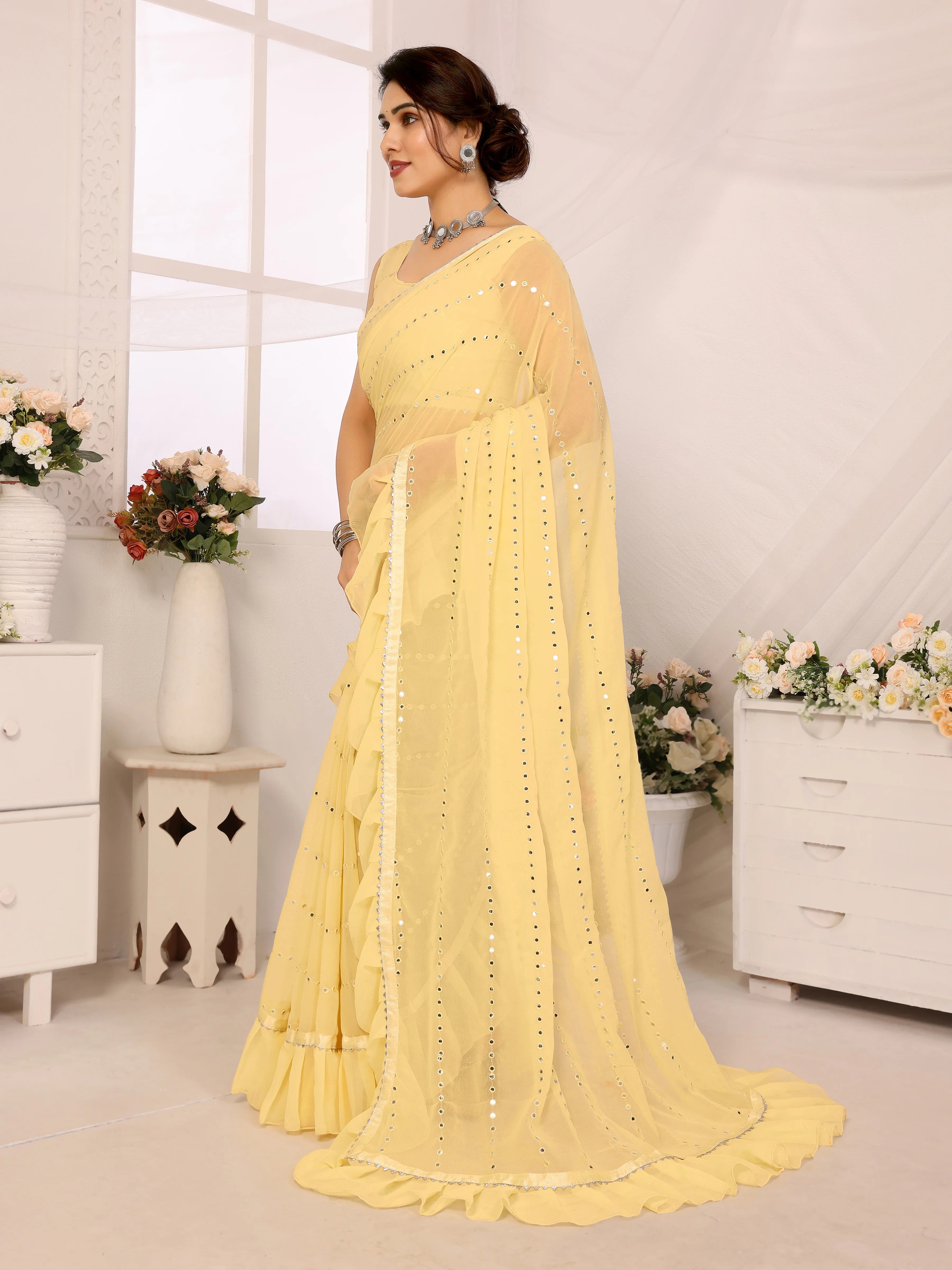 SHYAMIKA Georgette Mirror Work Ruffle Saree with Blouse