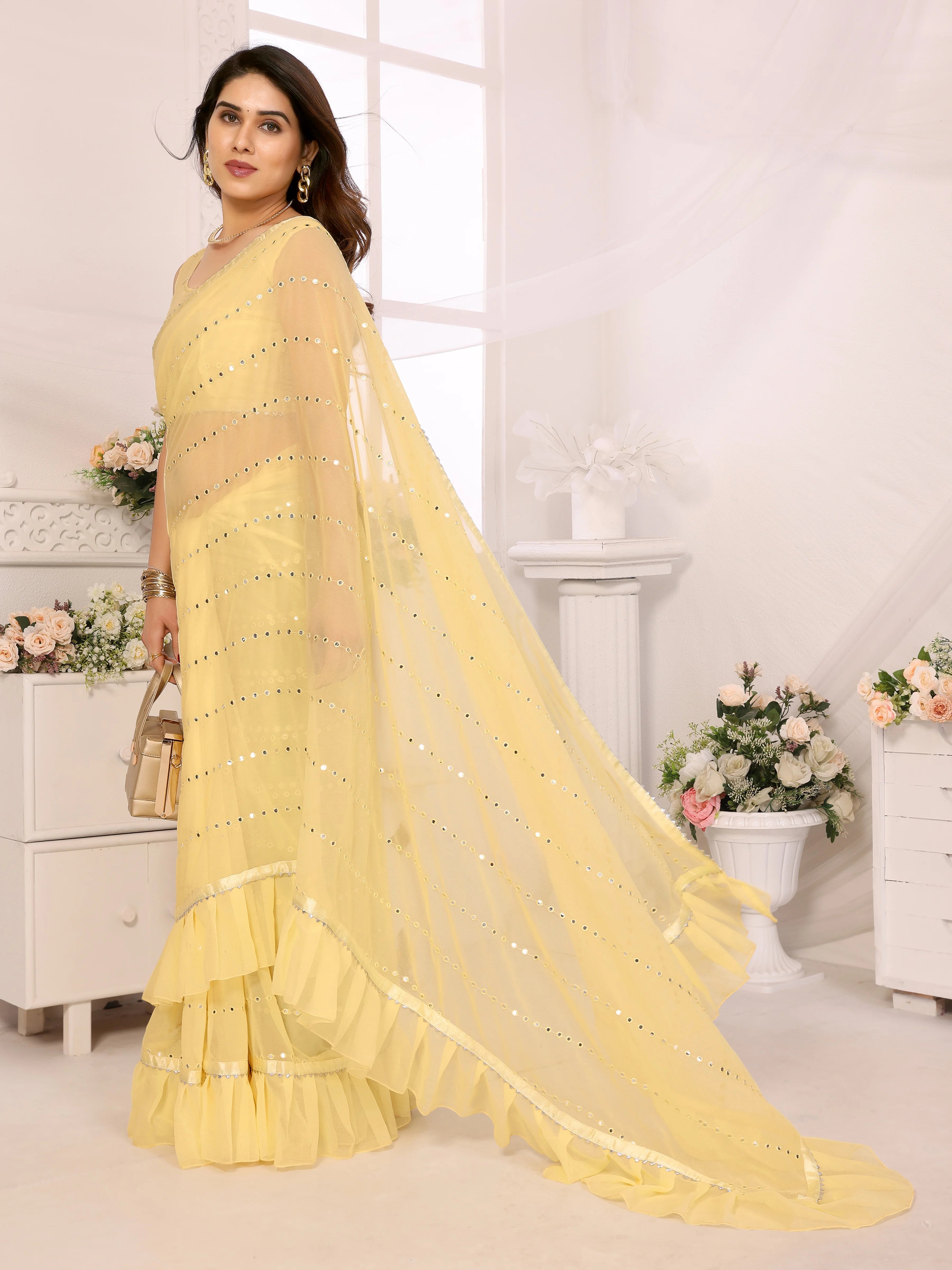 SHYAMIKA Georgette Mirror Work Ruffle Saree with Blouse