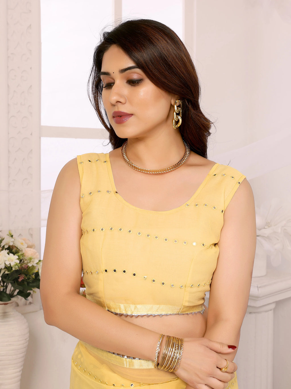 SHYAMIKA Georgette Mirror Work Ruffle Saree with Blouse