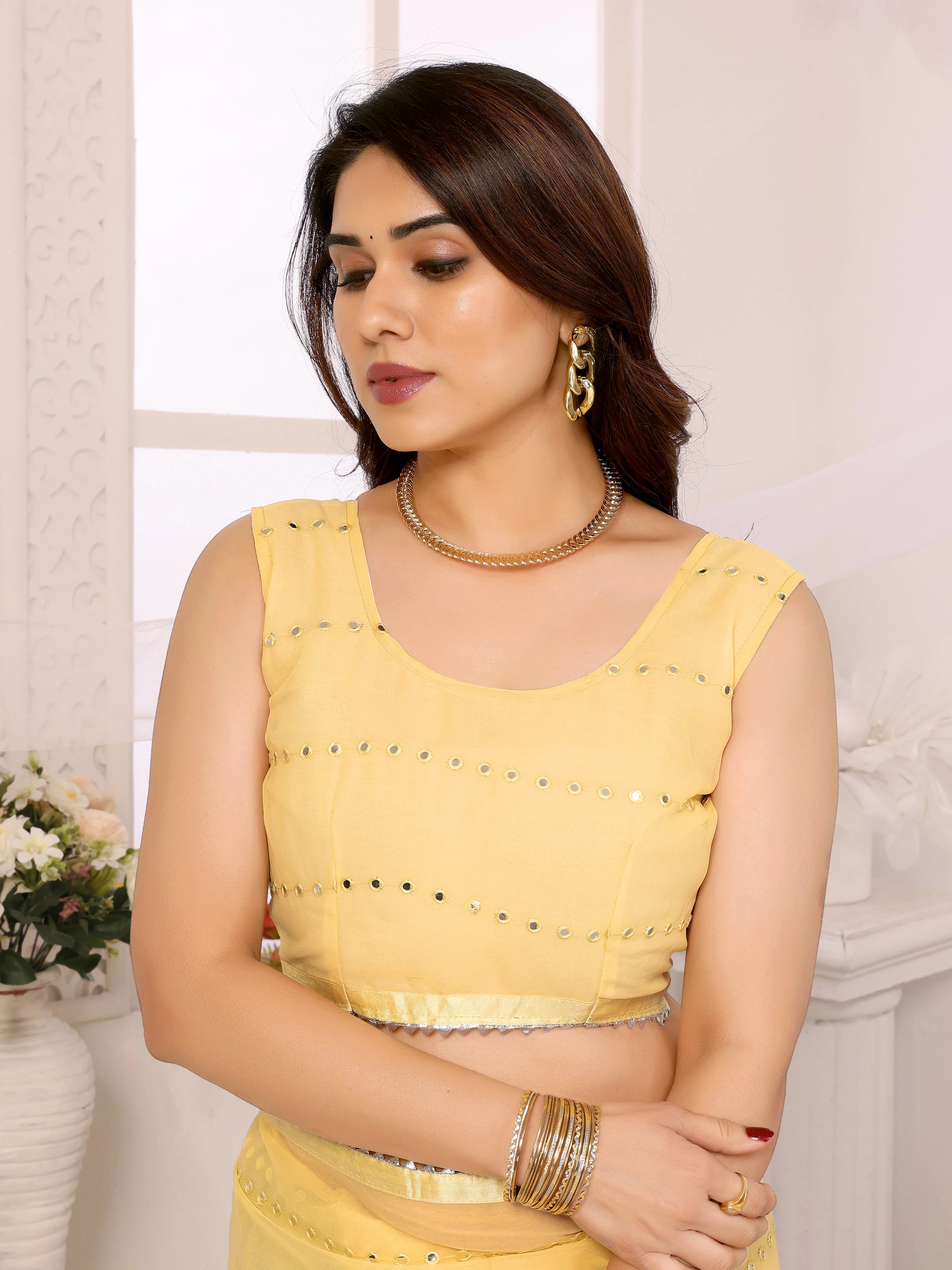 SHYAMIKA Georgette Mirror Work Ruffle Saree with Blouse