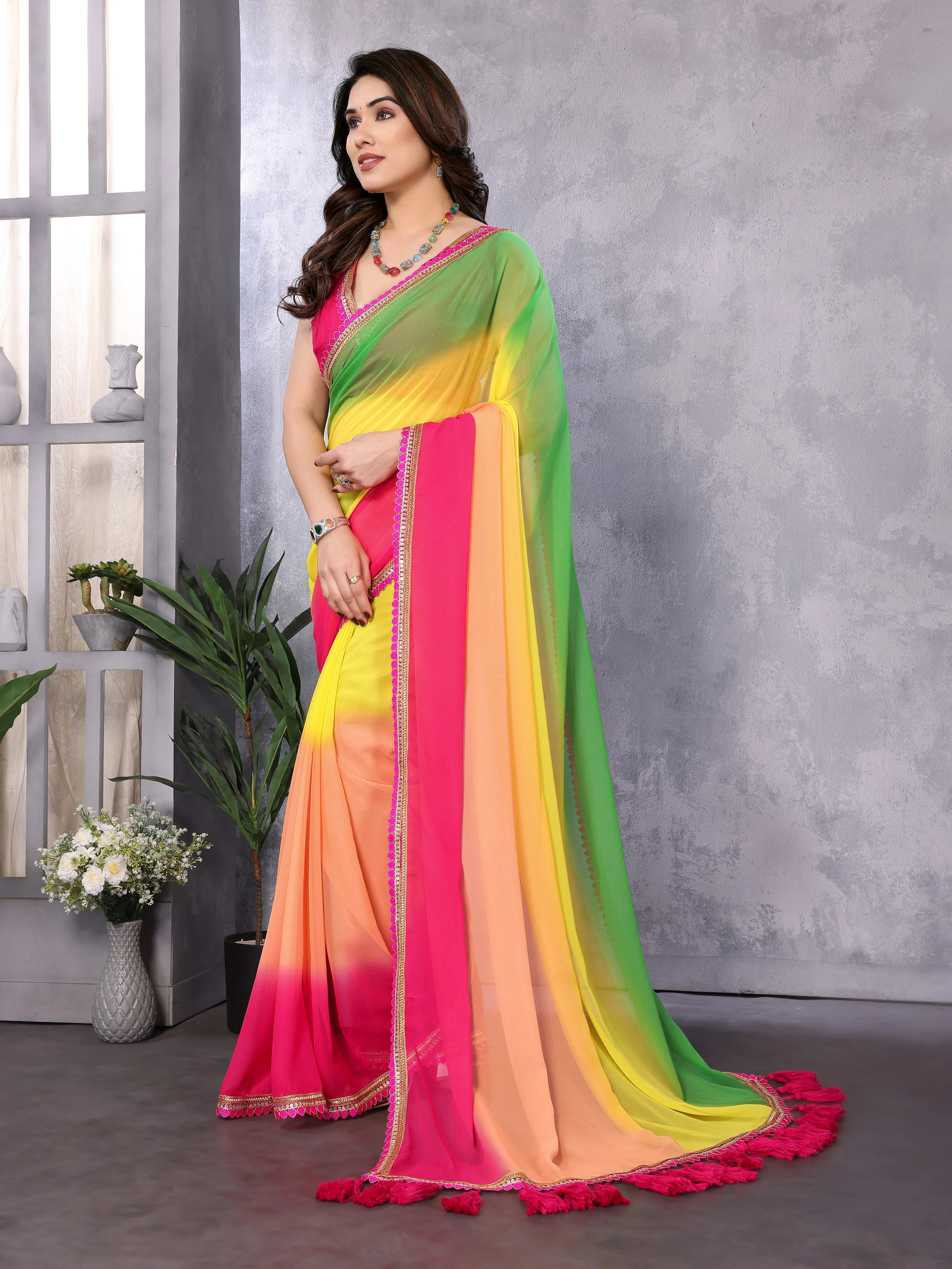 SHYAMIKA Georgette Embroidery Work Padded Saree with Blouse