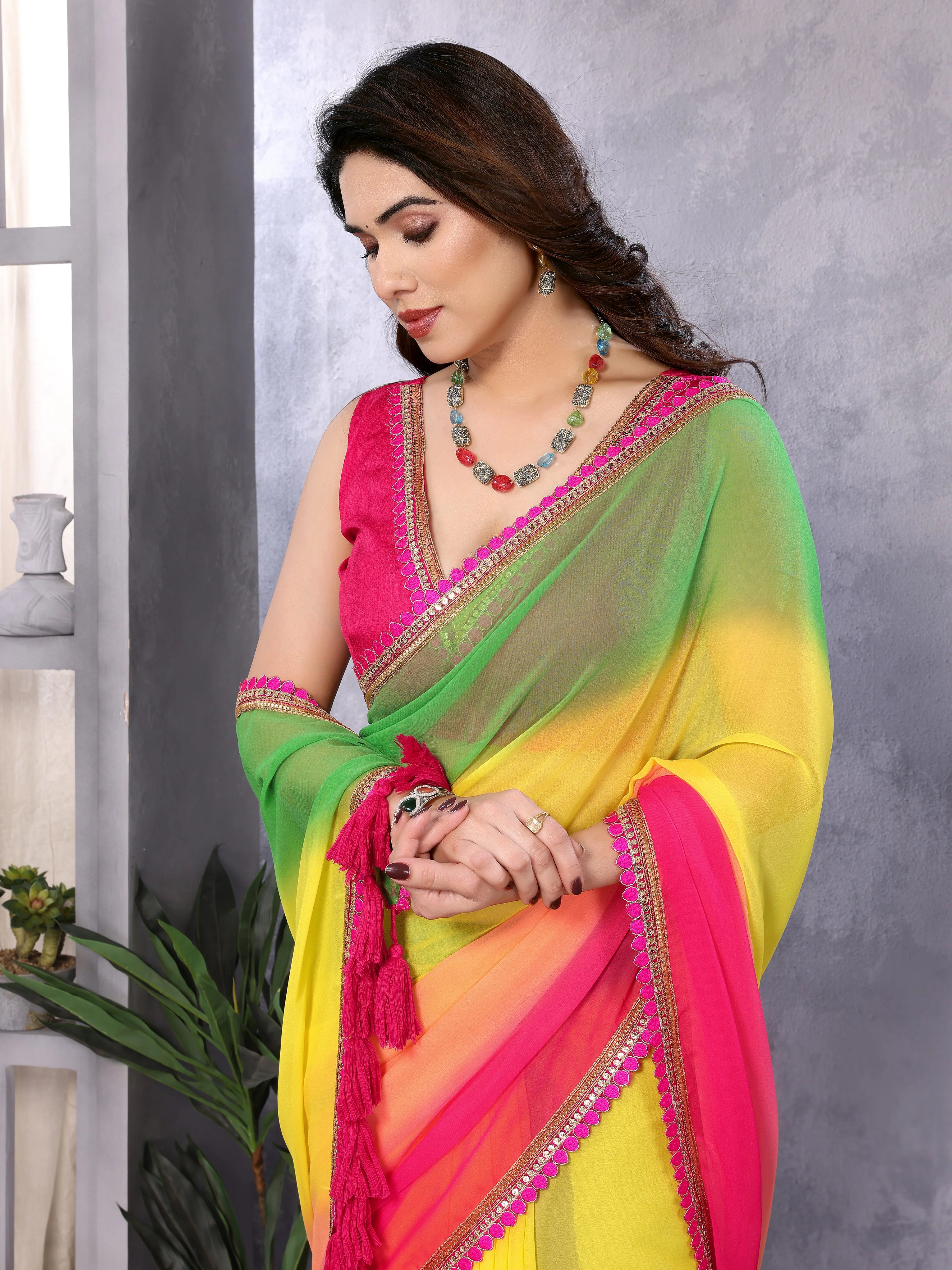 SHYAMIKA Georgette Embroidery Work Padded Saree with Blouse