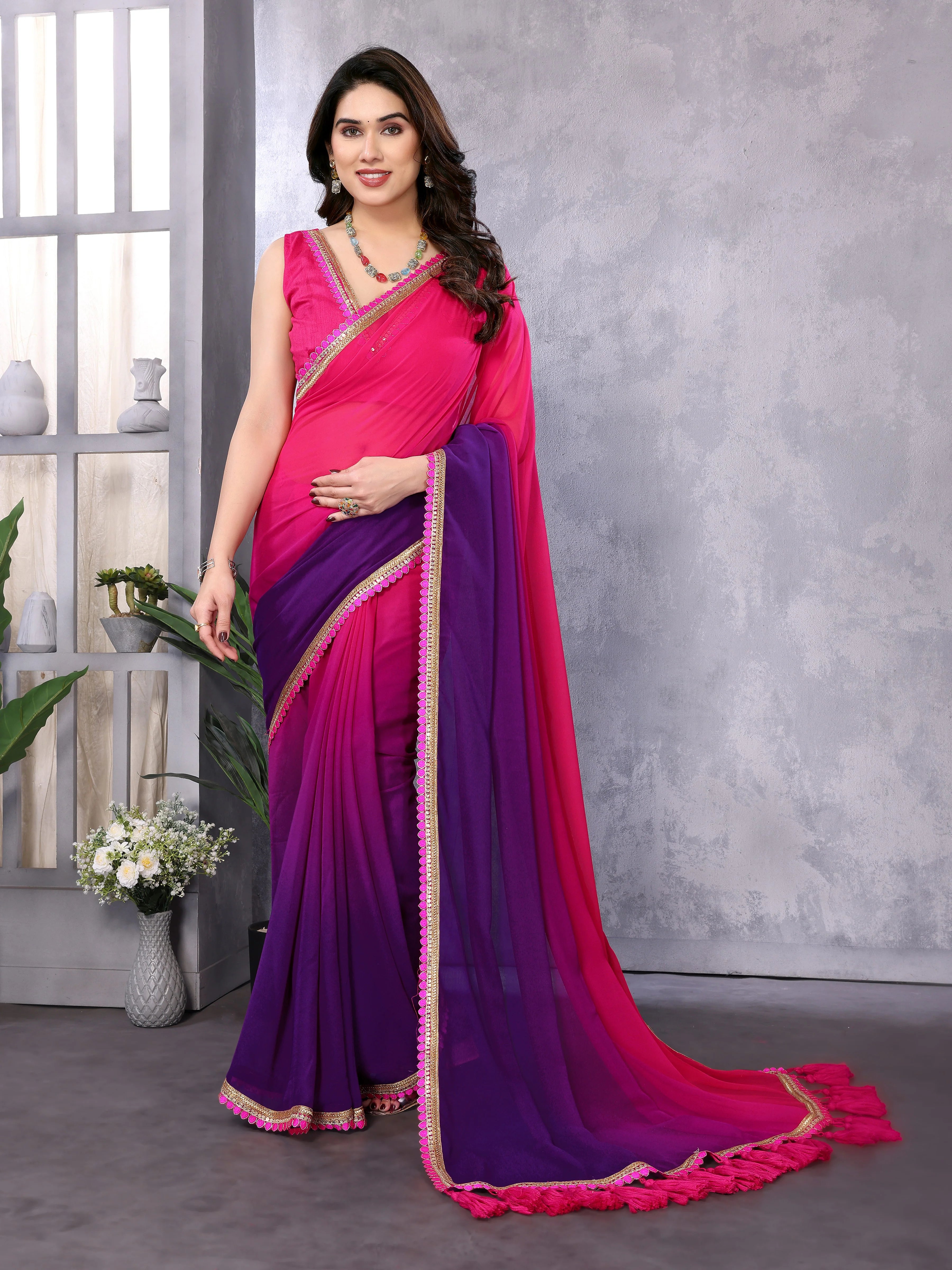 SHYAMIKA Georgette Embroidery Work Padded Saree with Blouse