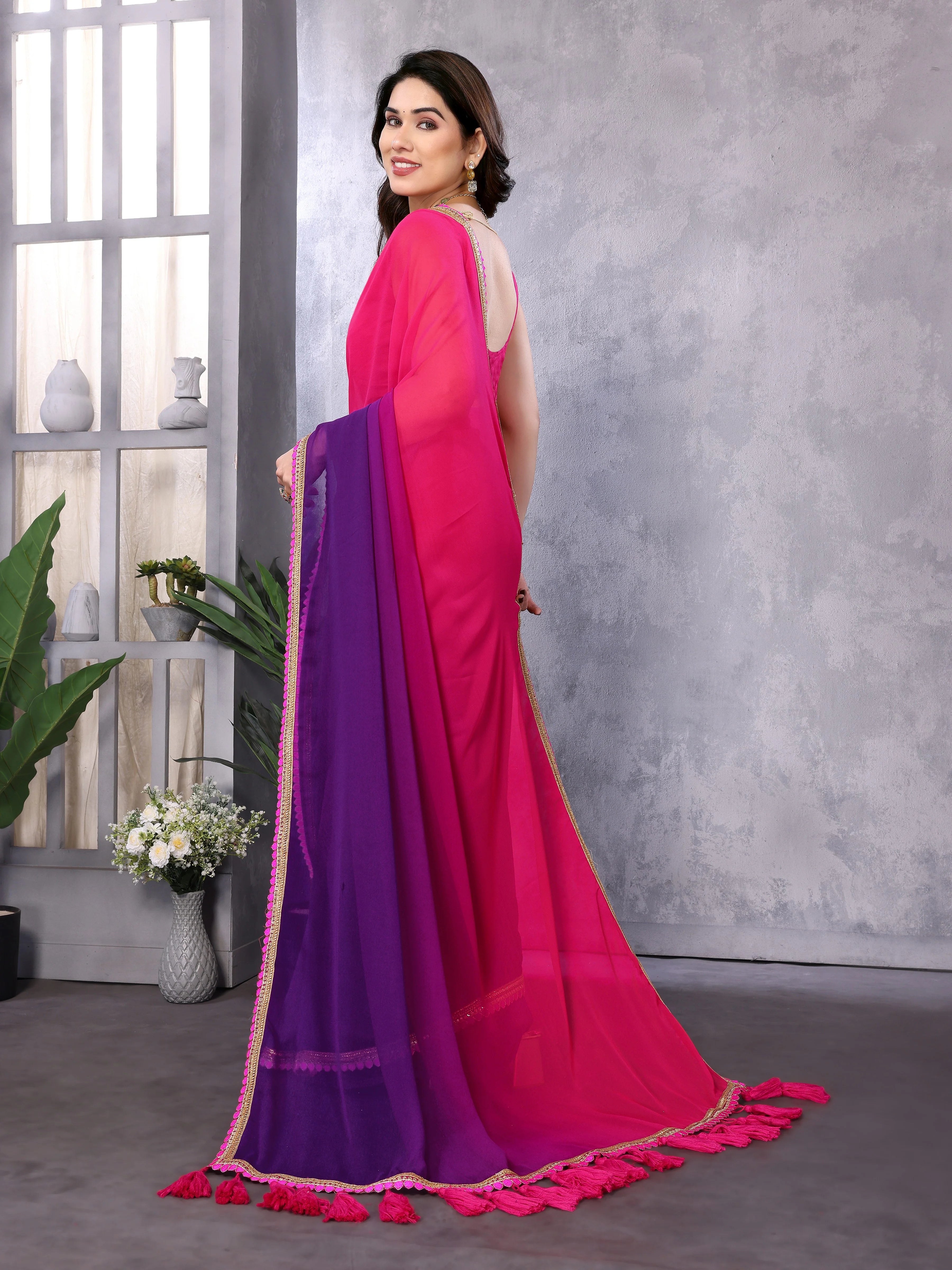 SHYAMIKA Georgette Embroidery Work Padded Saree with Blouse