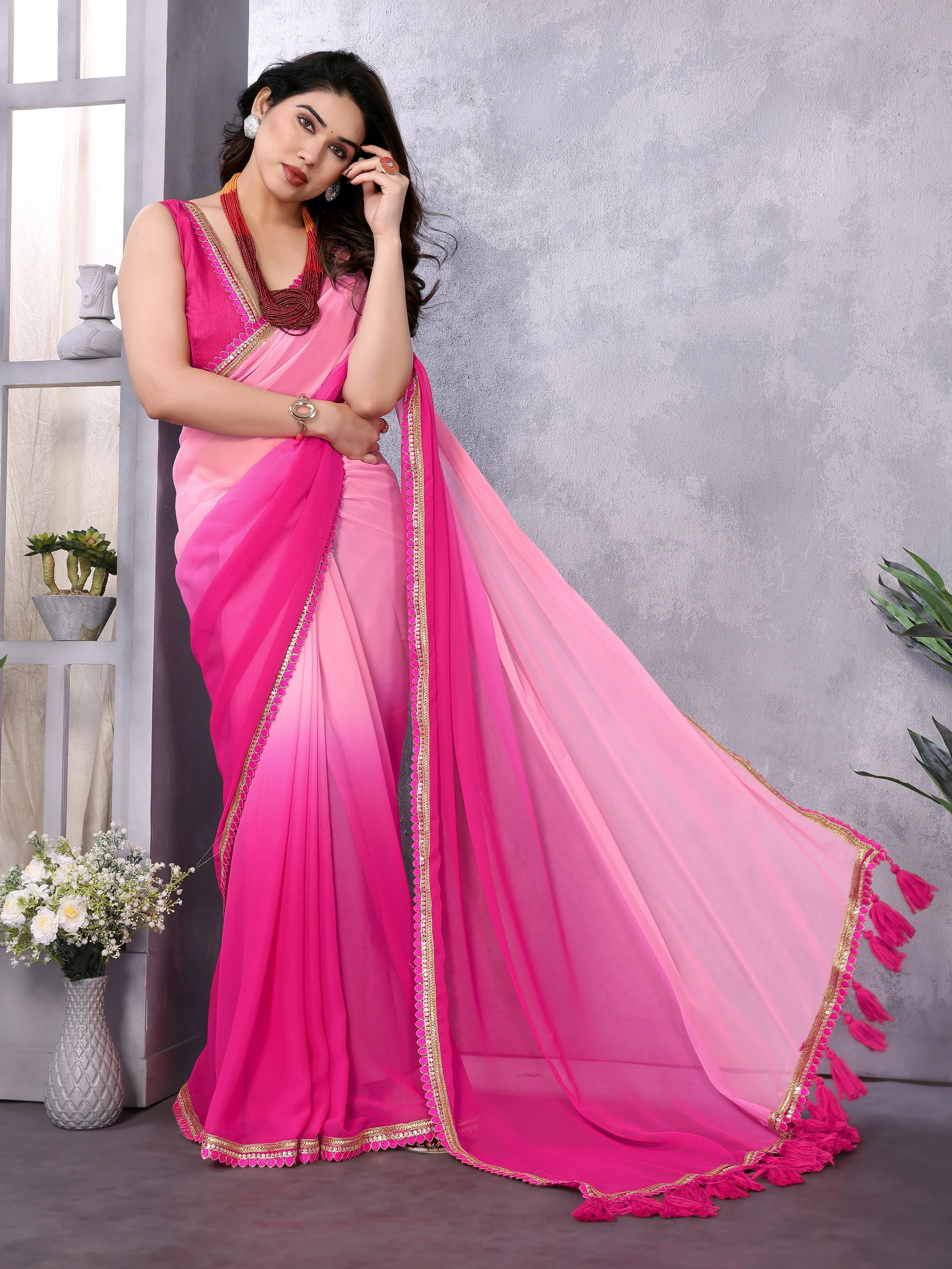 SHYAMIKA Georgette Embroidery Work Padded Saree with Blouse