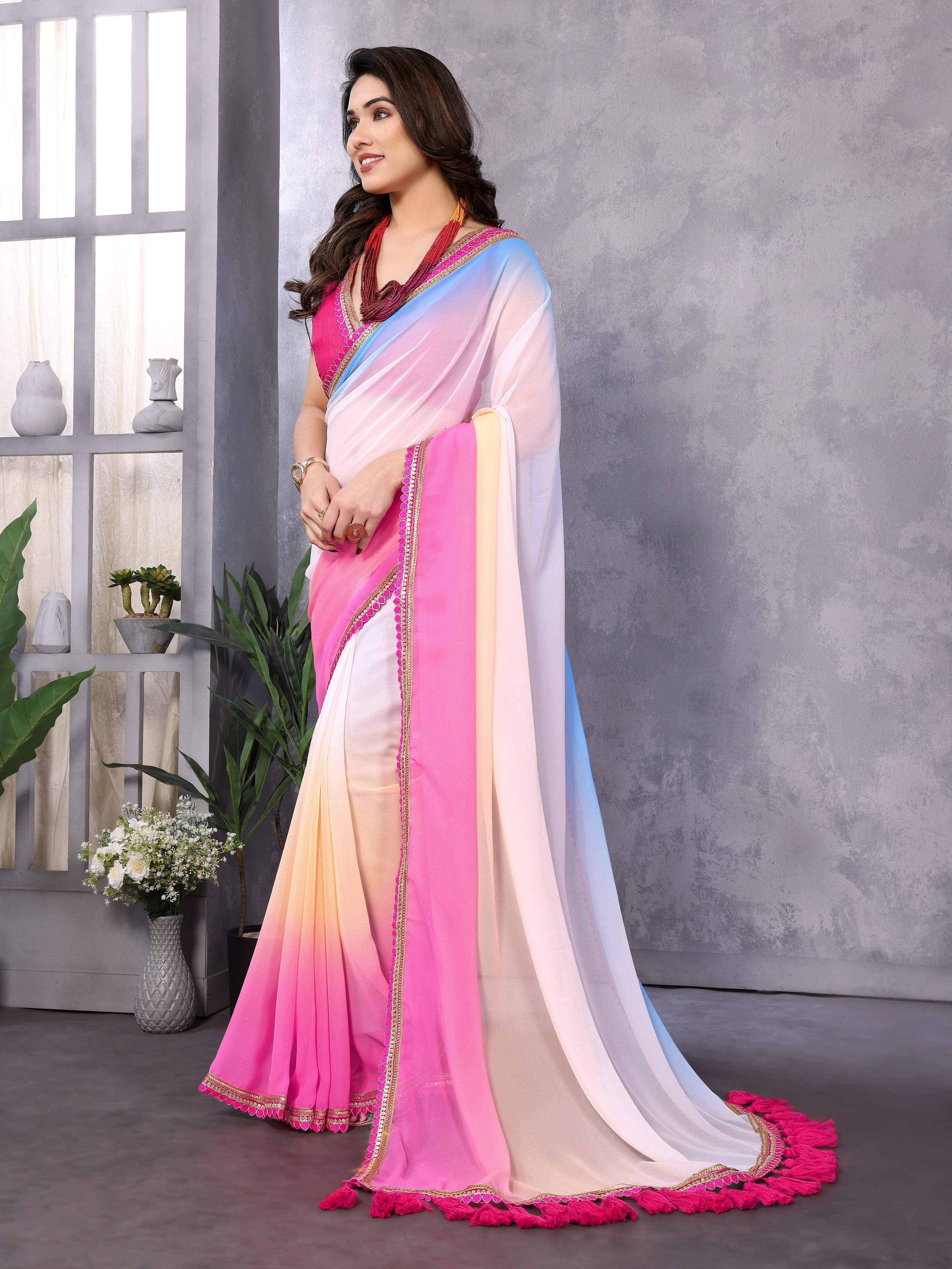 SHYAMIKA Georgette Embroidery Work Padded Saree with Blouse