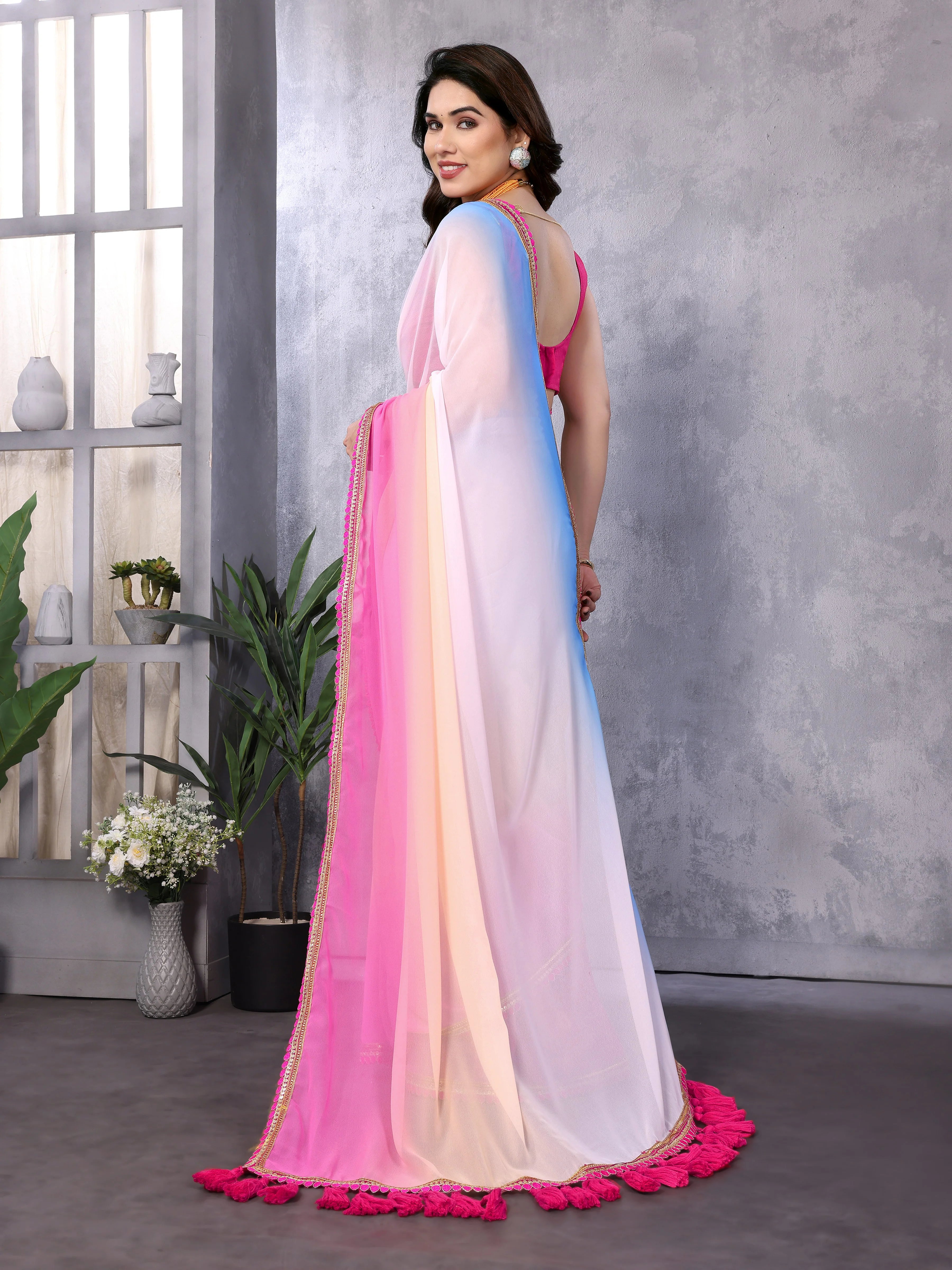 SHYAMIKA Georgette Embroidery Work Padded Saree with Blouse