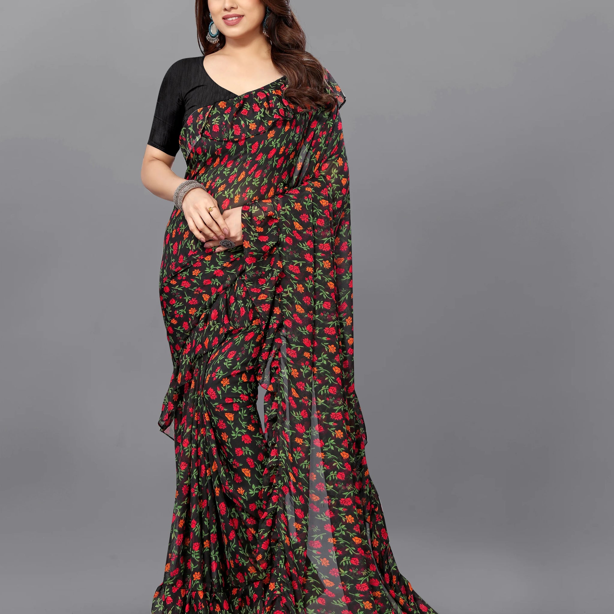 SHYAMIKA Georgette Flower Printed Ruffle Saree with Blouse