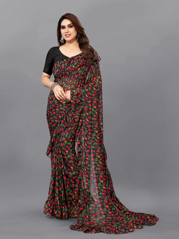 SHYAMIKA Georgette Flower Printed Ruffle Saree with Blouse