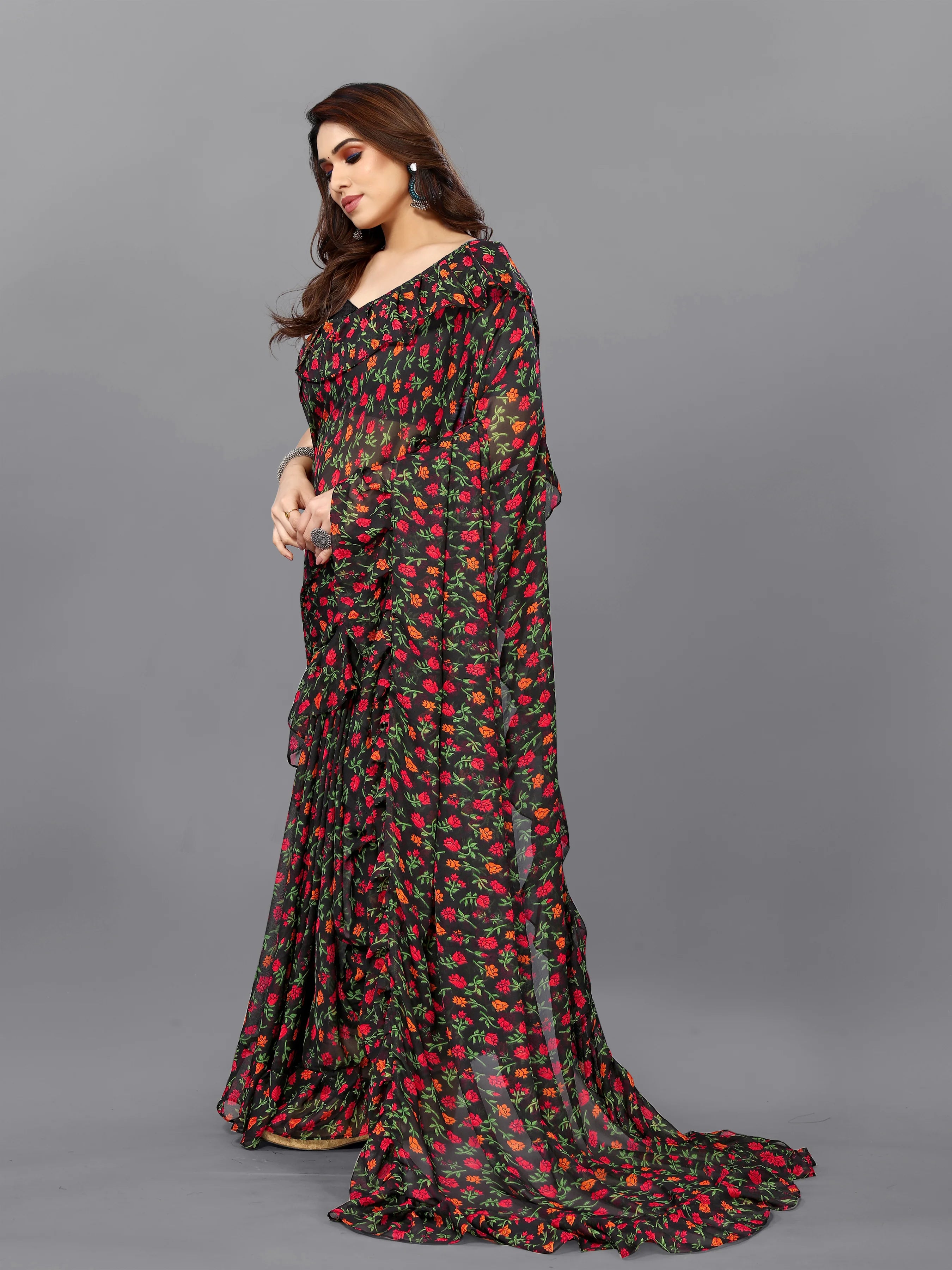 SHYAMIKA Georgette Flower Printed Ruffle Saree with Blouse