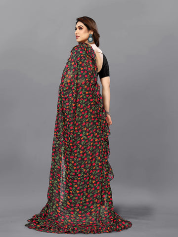 SHYAMIKA Georgette Flower Printed Ruffle Saree with Blouse