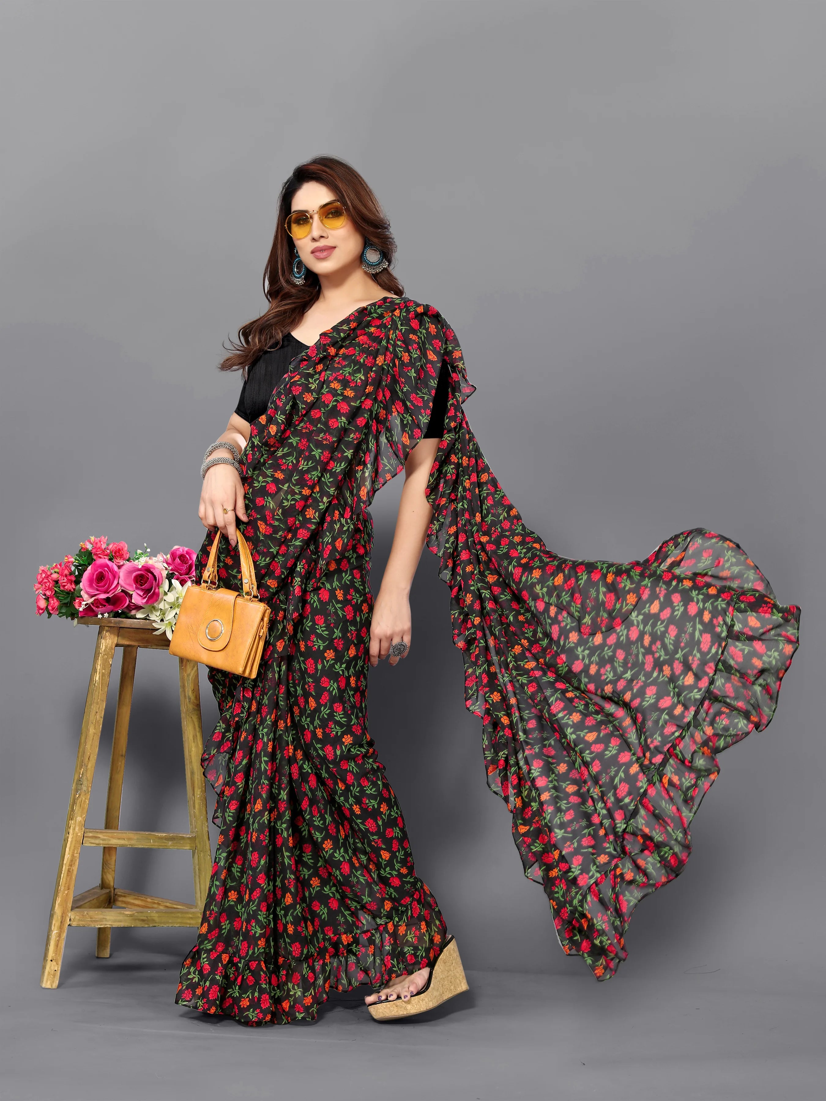 SHYAMIKA Georgette Flower Printed Ruffle Saree with Blouse