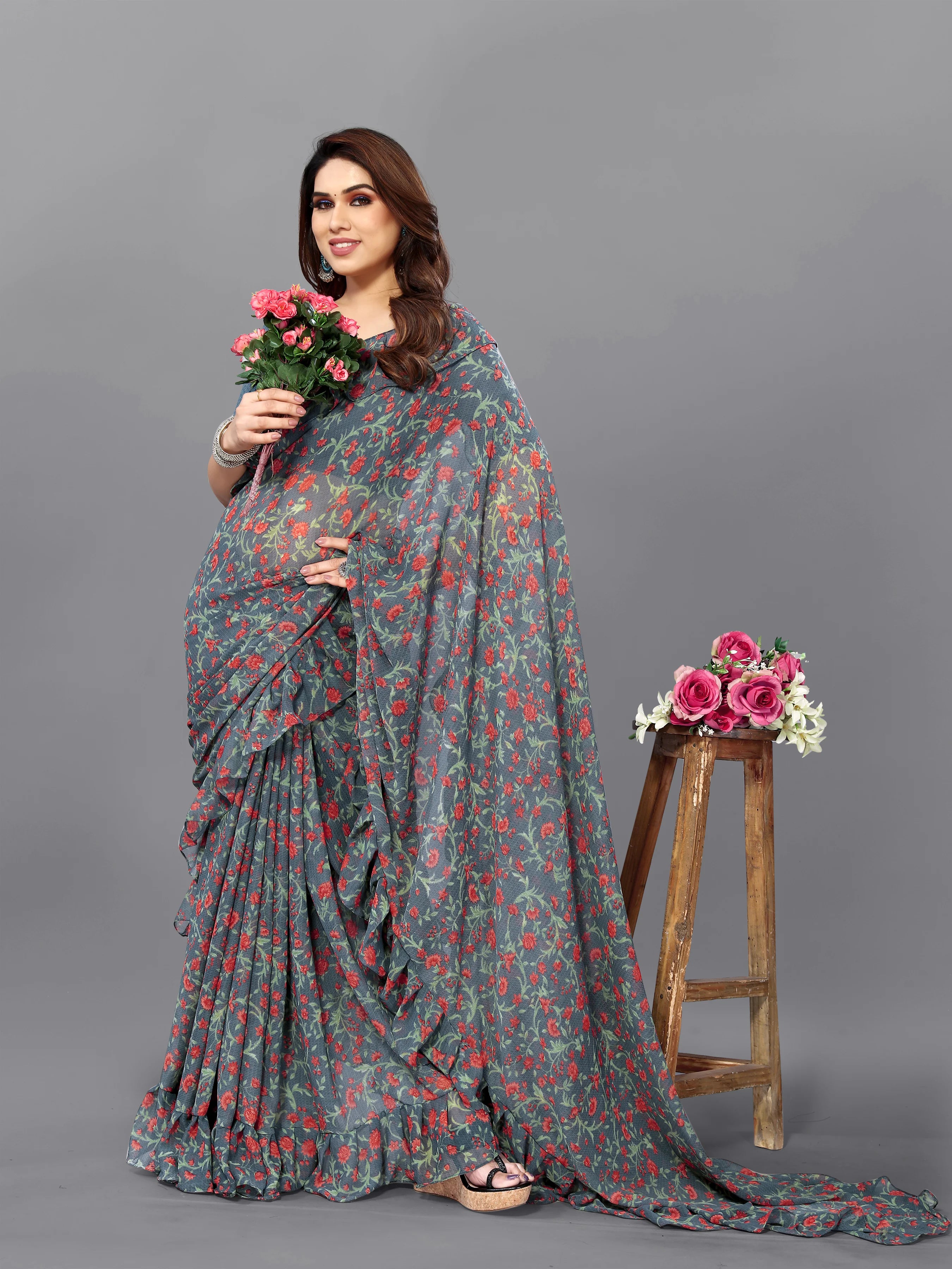 SHYAMIKA Georgette Flower Printed Ruffle Saree with Blouse