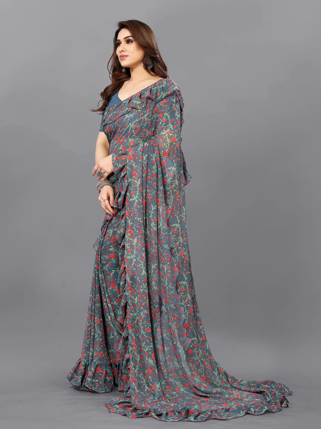 SHYAMIKA Georgette Flower Printed Ruffle Saree with Blouse