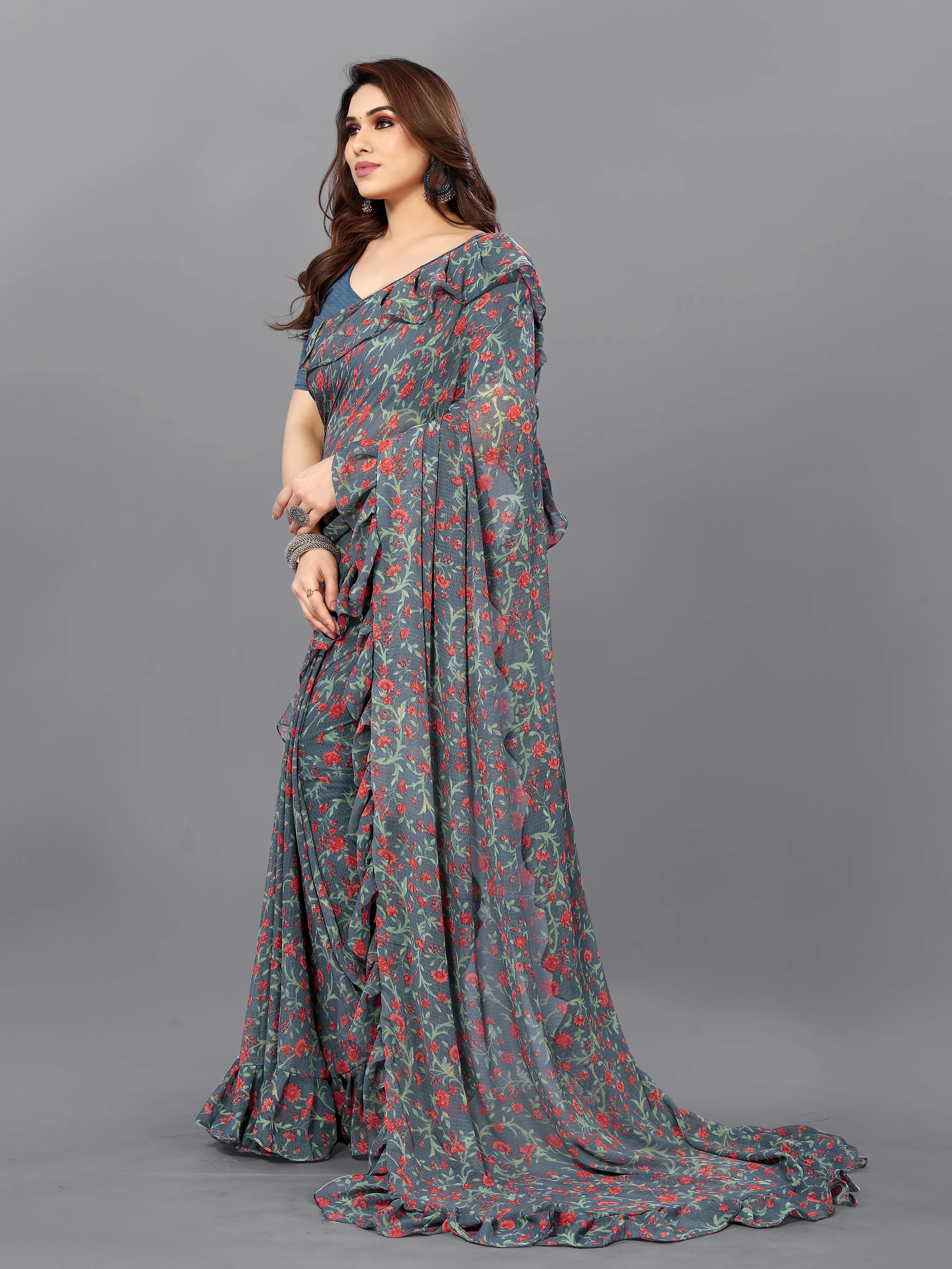 SHYAMIKA Georgette Flower Printed Ruffle Saree with Blouse