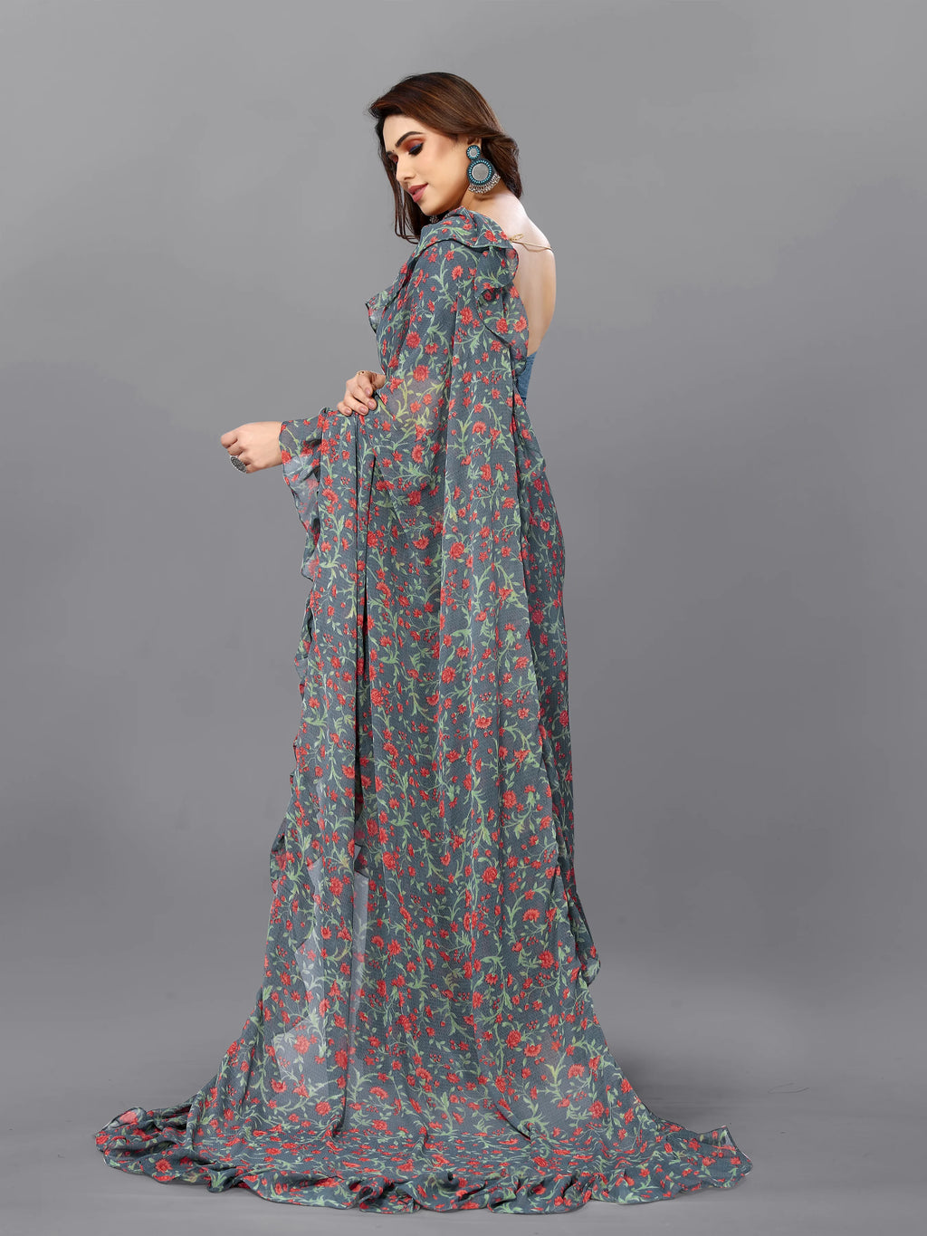 SHYAMIKA Georgette Flower Printed Ruffle Saree with Blouse