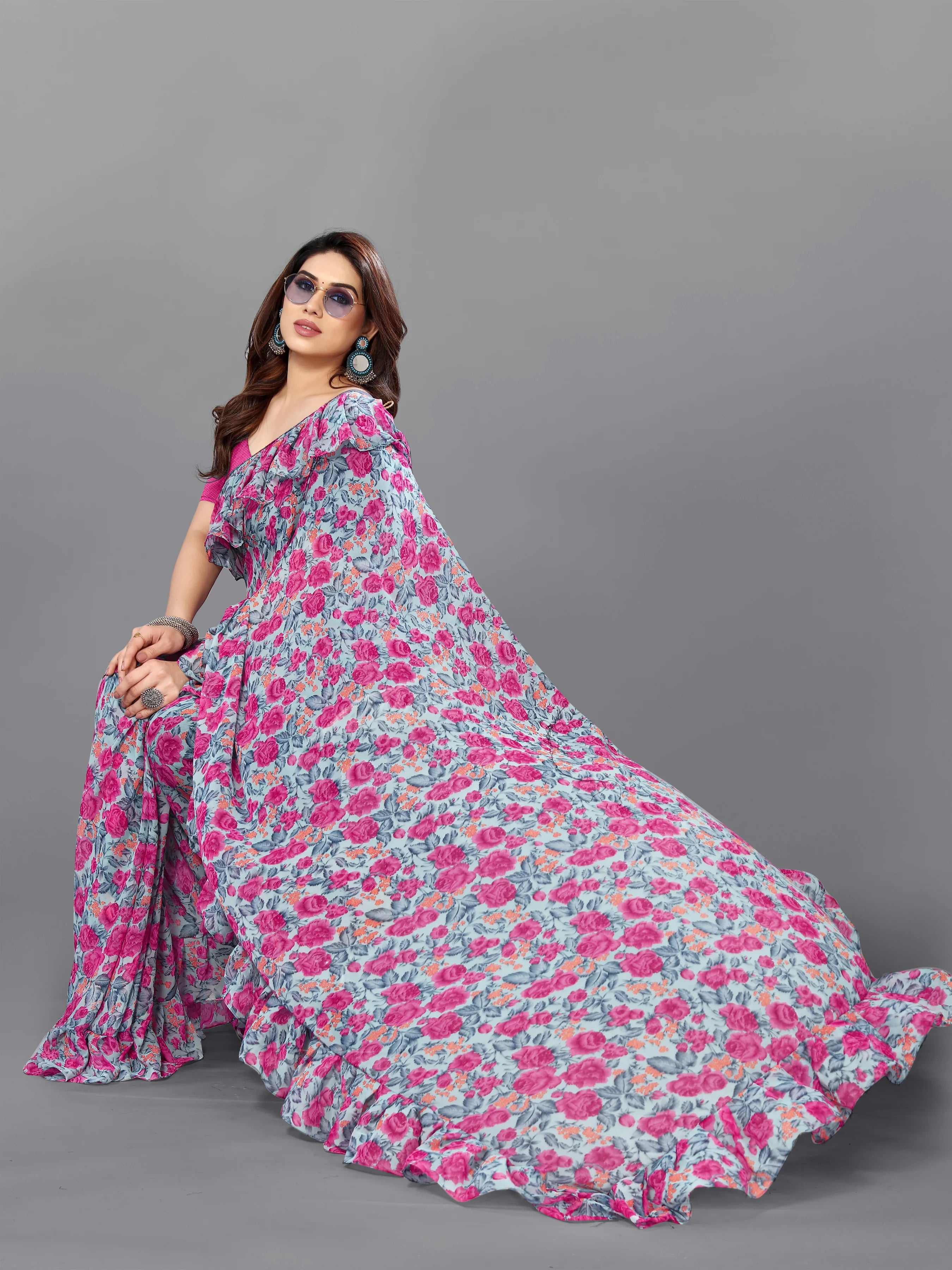 SHYAMIKA Georgette Flower Printed Ruffle Saree with Blouse