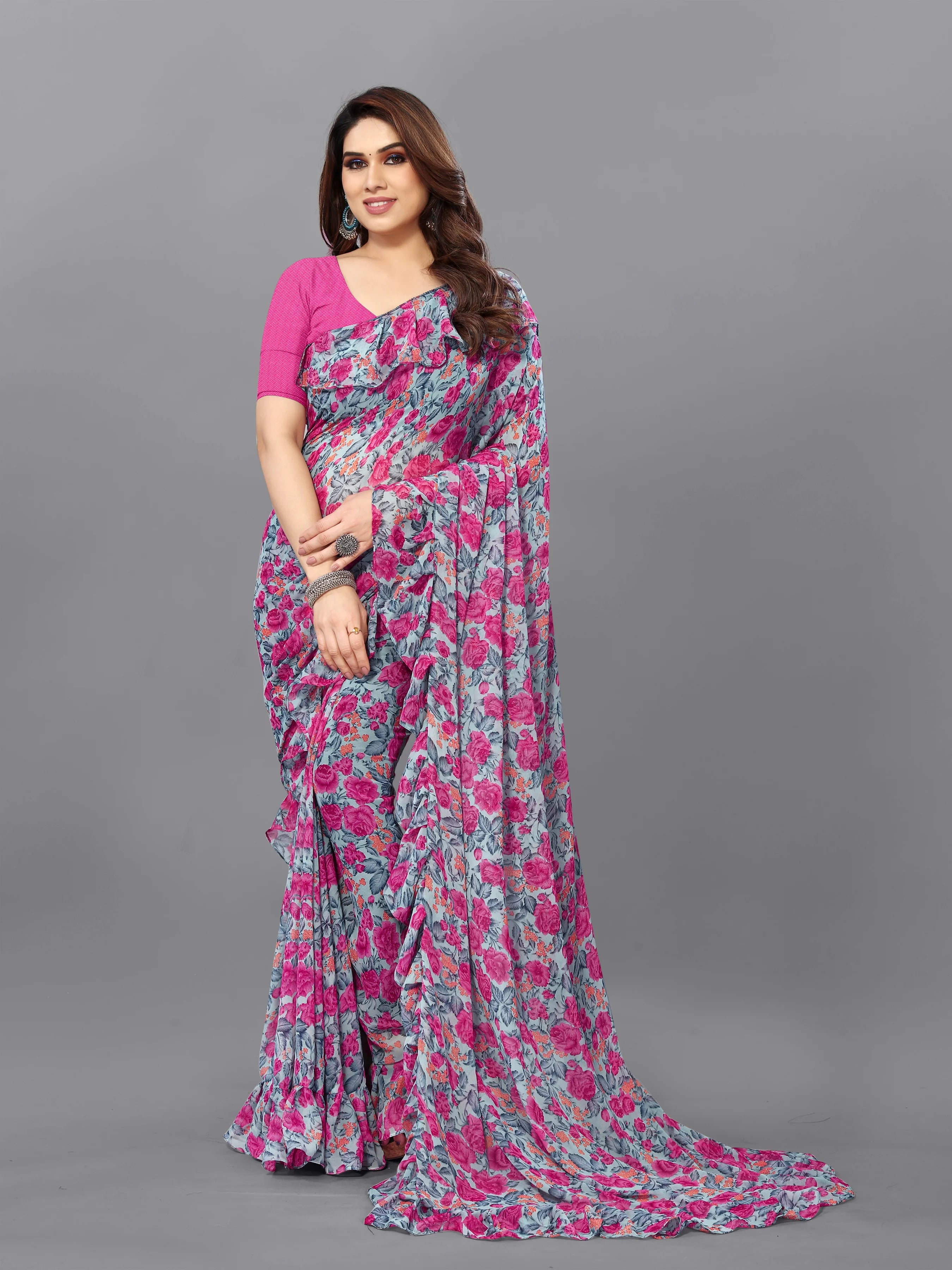 SHYAMIKA Georgette Flower Printed Ruffle Saree with Blouse