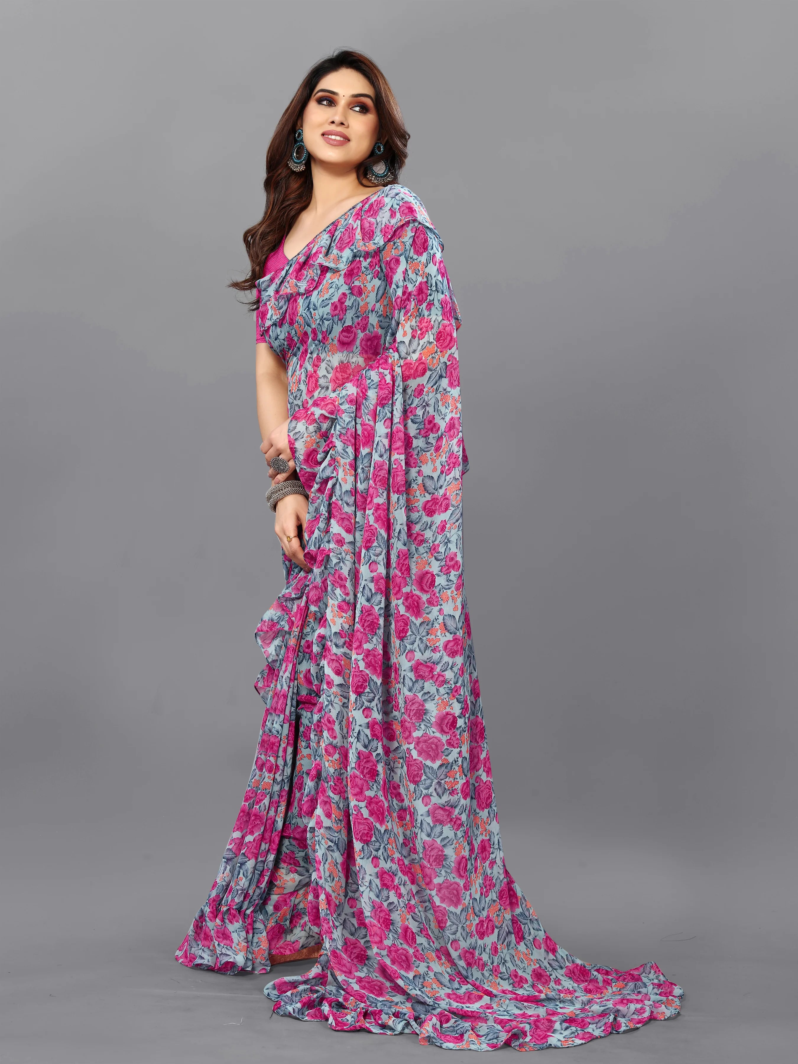 SHYAMIKA Georgette Flower Printed Ruffle Saree with Blouse