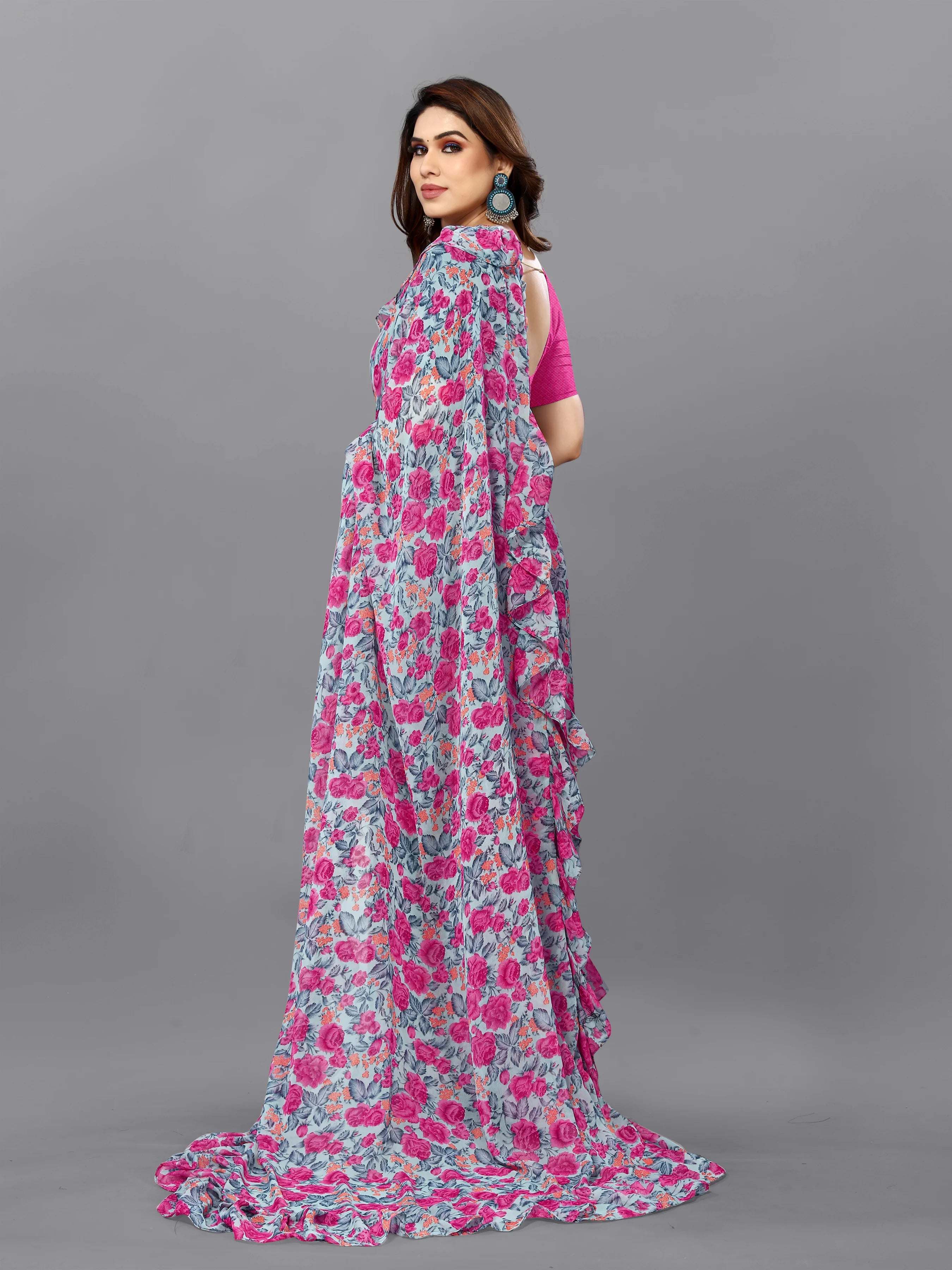 SHYAMIKA Georgette Flower Printed Ruffle Saree with Blouse