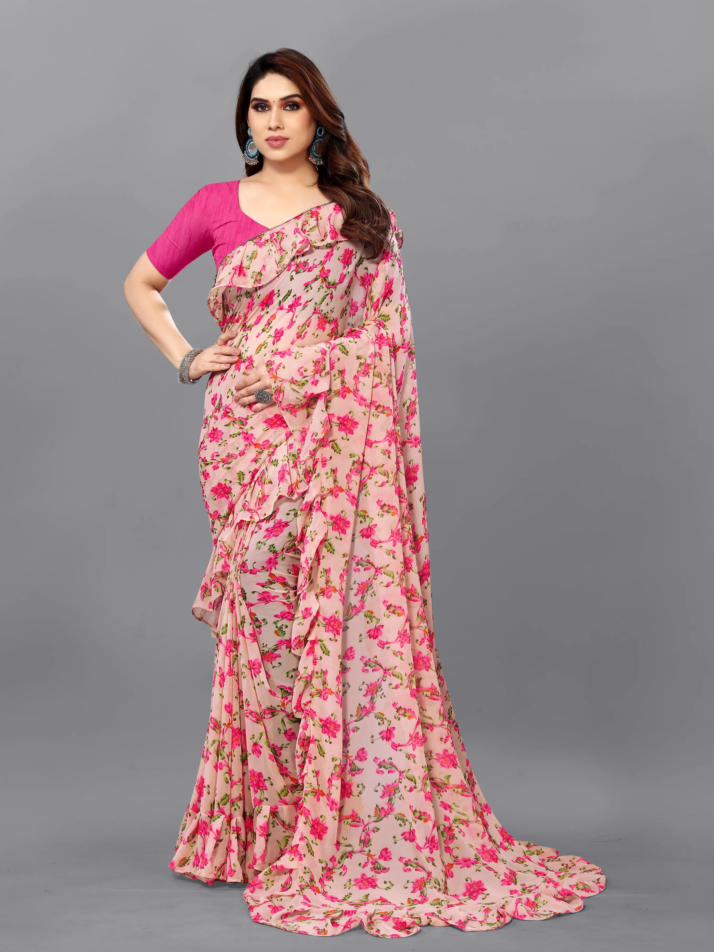 SHYAMIKA Georgette Flower Printed Ruffle Saree with Blouse