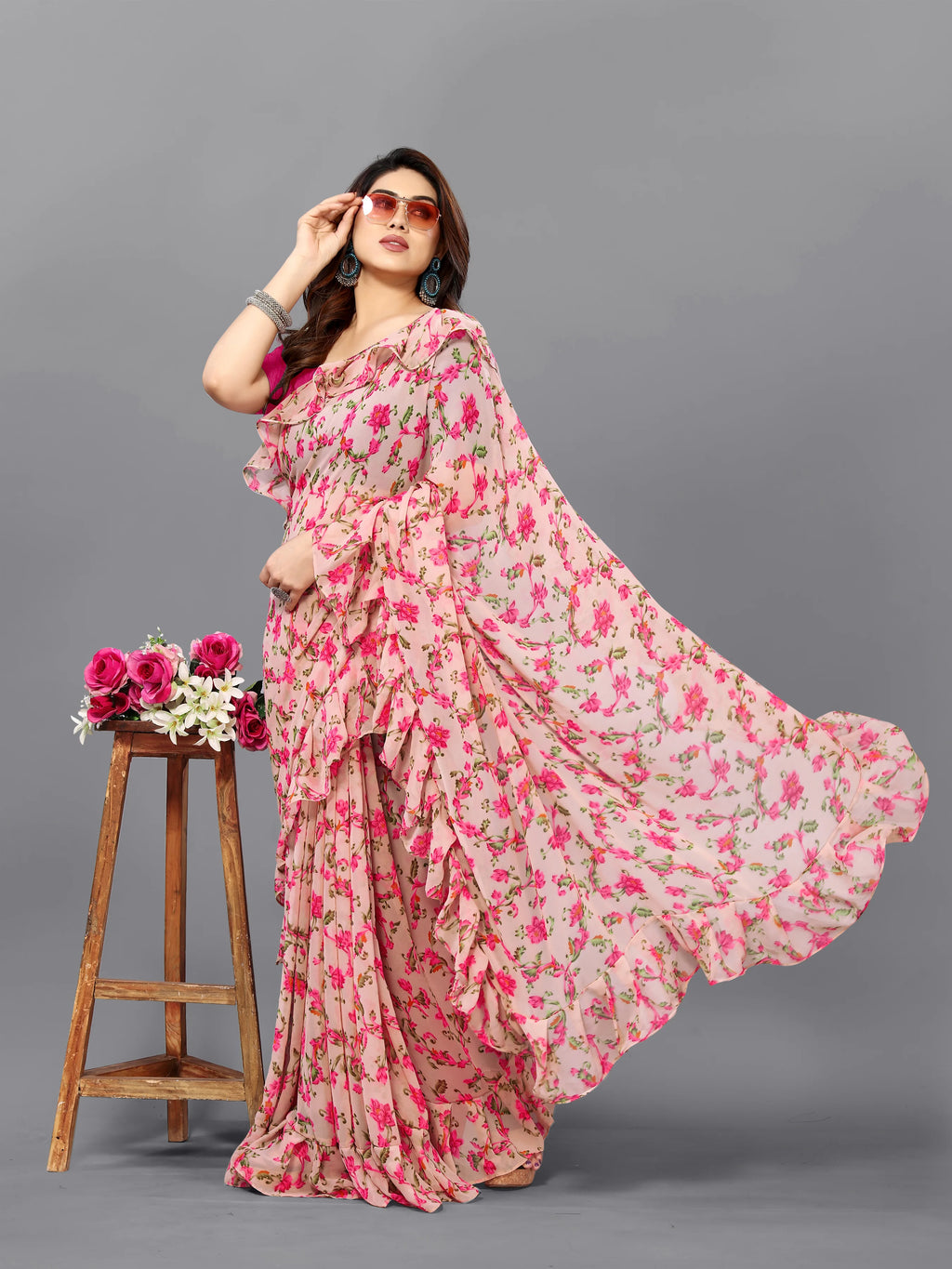 SHYAMIKA Georgette Flower Printed Ruffle Saree with Blouse