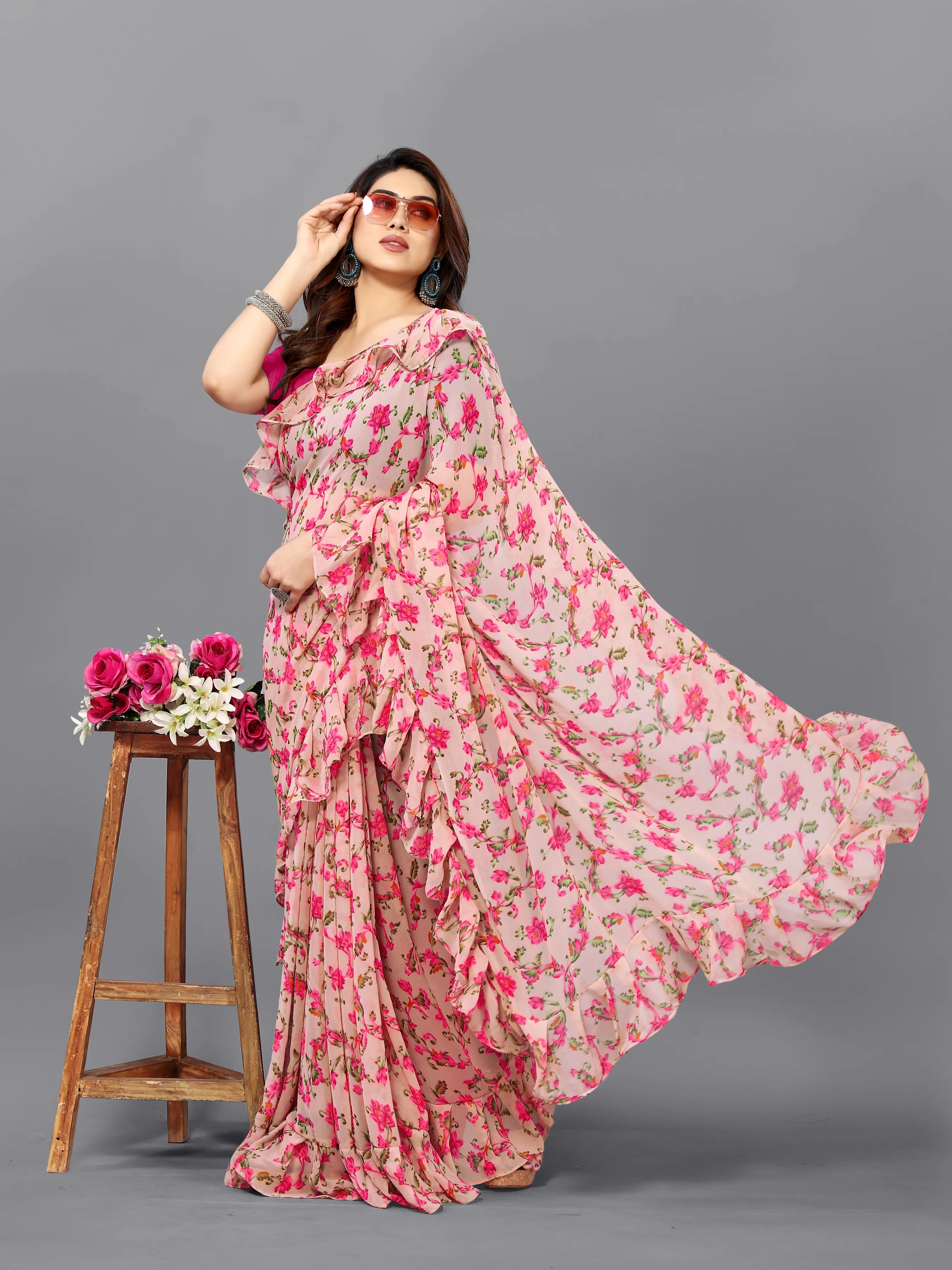 SHYAMIKA Georgette Flower Printed Ruffle Saree with Blouse