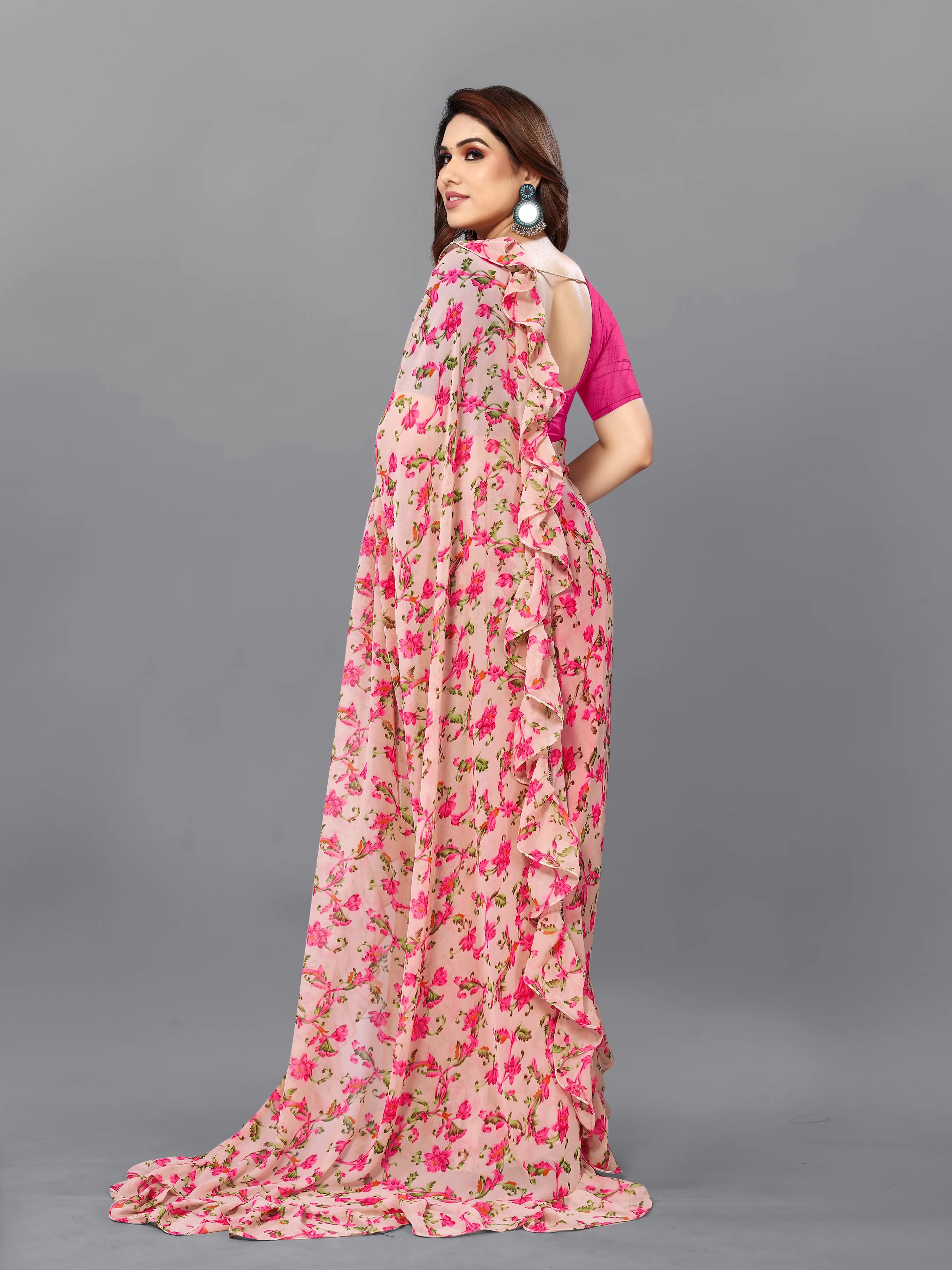 SHYAMIKA Georgette Flower Printed Ruffle Saree with Blouse