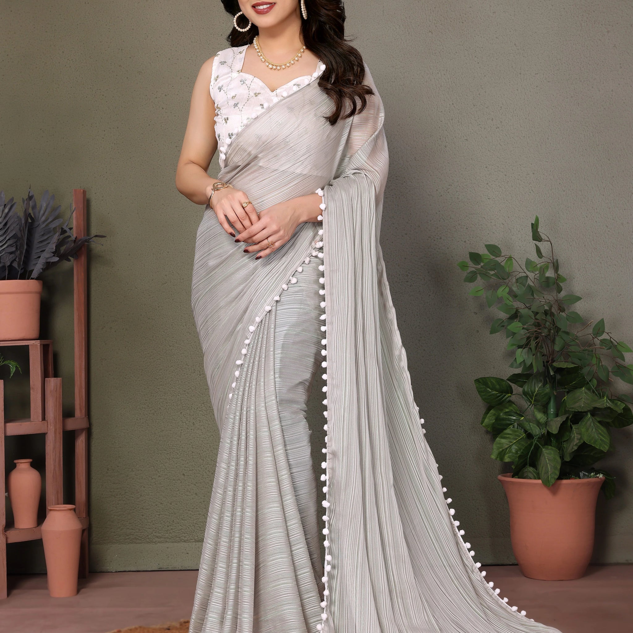 SHYAMIKA Polyester Zari Plain Saree with Embroidery Blouse & Pum Pum Lace