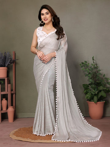 SHYAMIKA Polyester Zari Plain Saree with Embroidery Blouse & Pum Pum Lace