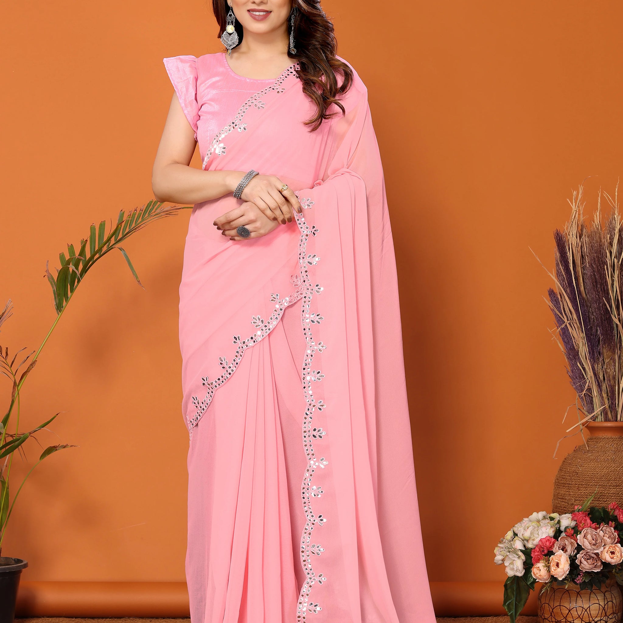 SHYAMIKA Georgette Mirror Work Plain Saree with Blouse
