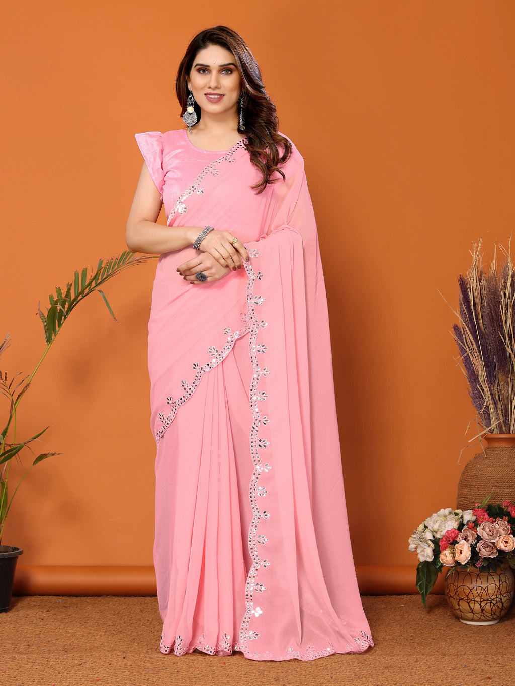 SHYAMIKA Georgette Mirror Work Plain Saree with Blouse