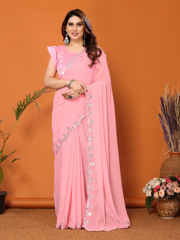 SHYAMIKA Georgette Mirror Work Plain Saree with Blouse
