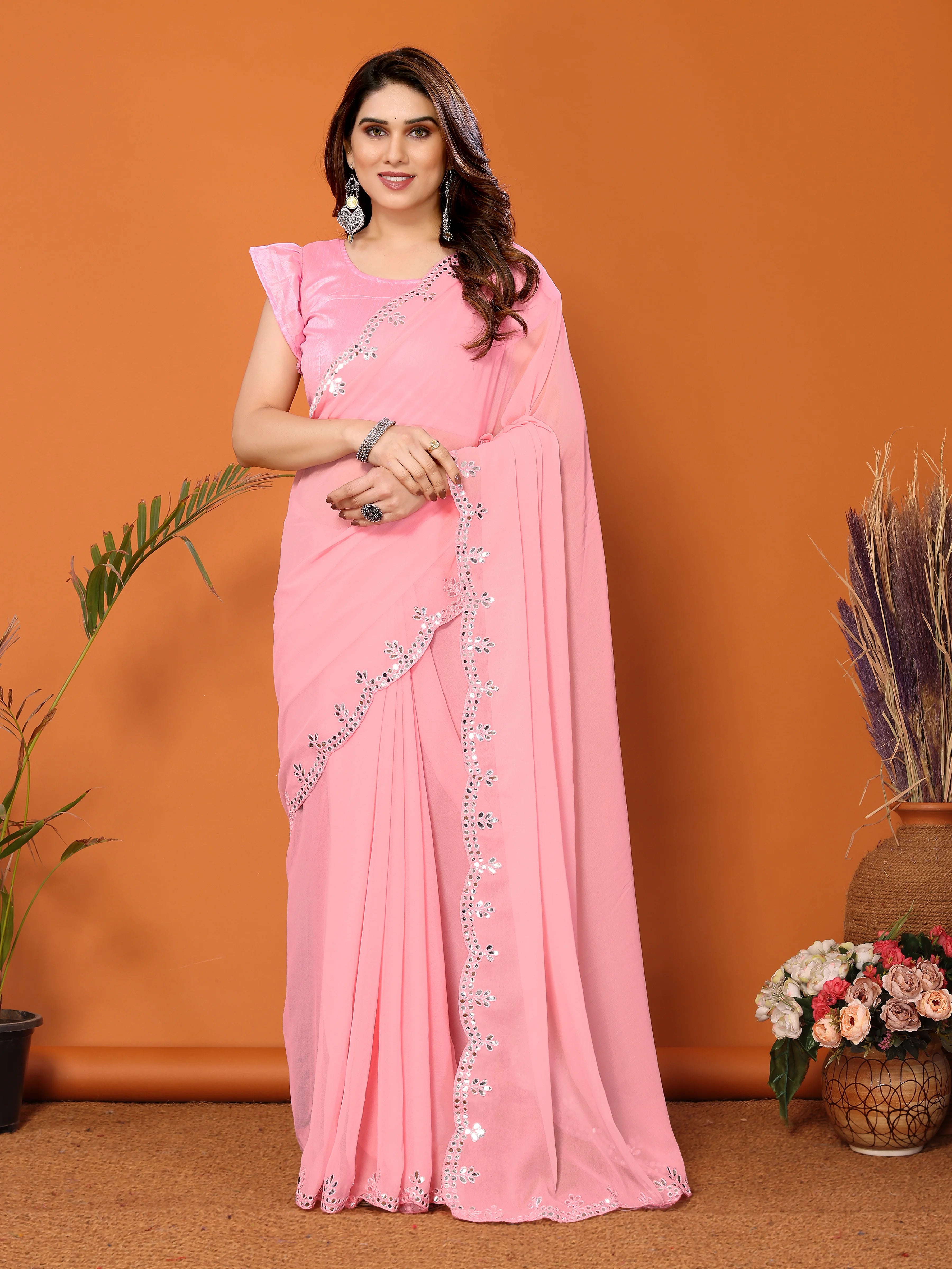 SHYAMIKA Georgette Mirror Work Plain Saree with Blouse