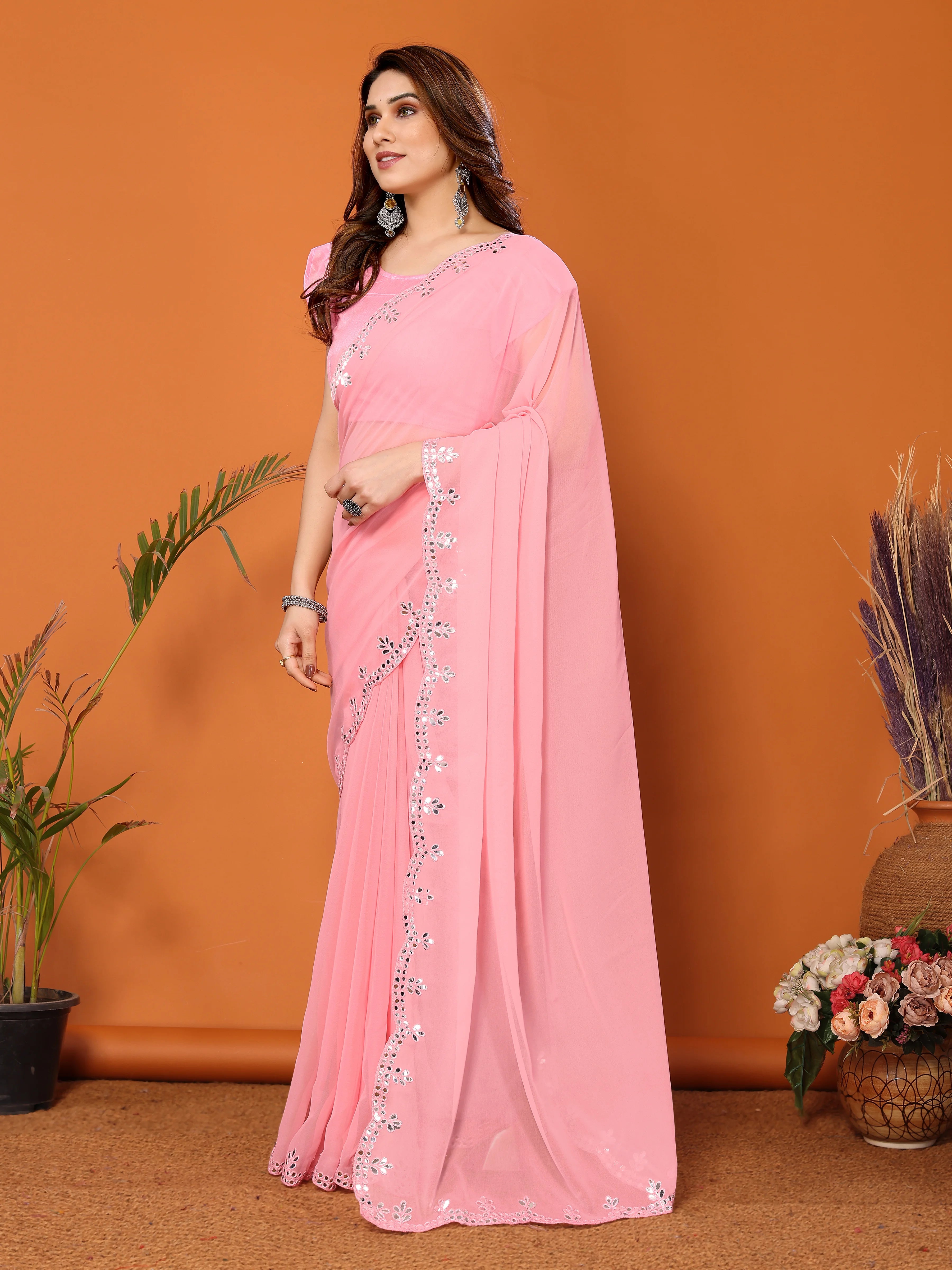 SHYAMIKA Georgette Mirror Work Plain Saree with Blouse